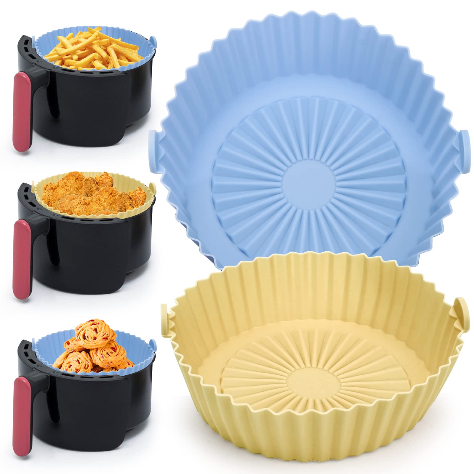 2 Pack 6.5 Inch Heat Resistant Silicone Air Fryer Basket - Reusable Round Pot Bowl for 1-3 Qt Air Fryers | Anglecai Blue & Yellow | Perfect for Cooking, Baking & Reheating in Air Fryer Ovens