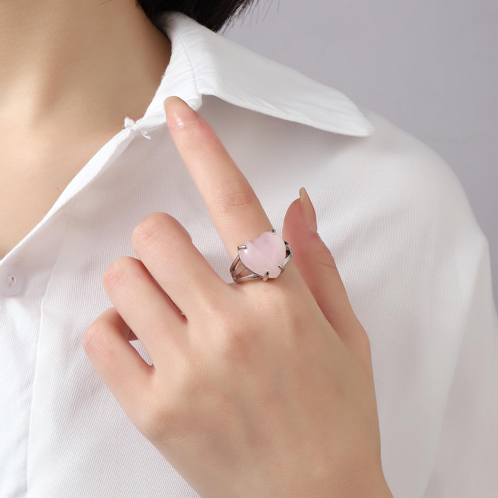 Handmade Rose Quartz Heart Ring for Women - Adjustable Open Band Natural Stone Jewelry, Healing Crystal Ring for Love & Positive Energy | Perfect for Gifts, Meditation & Everyday Wear