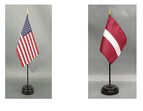 American Made Latvia Desk Flag Set - 4x6 inch Rayon Office Desk & Hand Waving Table Flags with 2 Stands (USA & Latvia Flags) - Perfect for Office Decor, International Events & Patriotic Displays