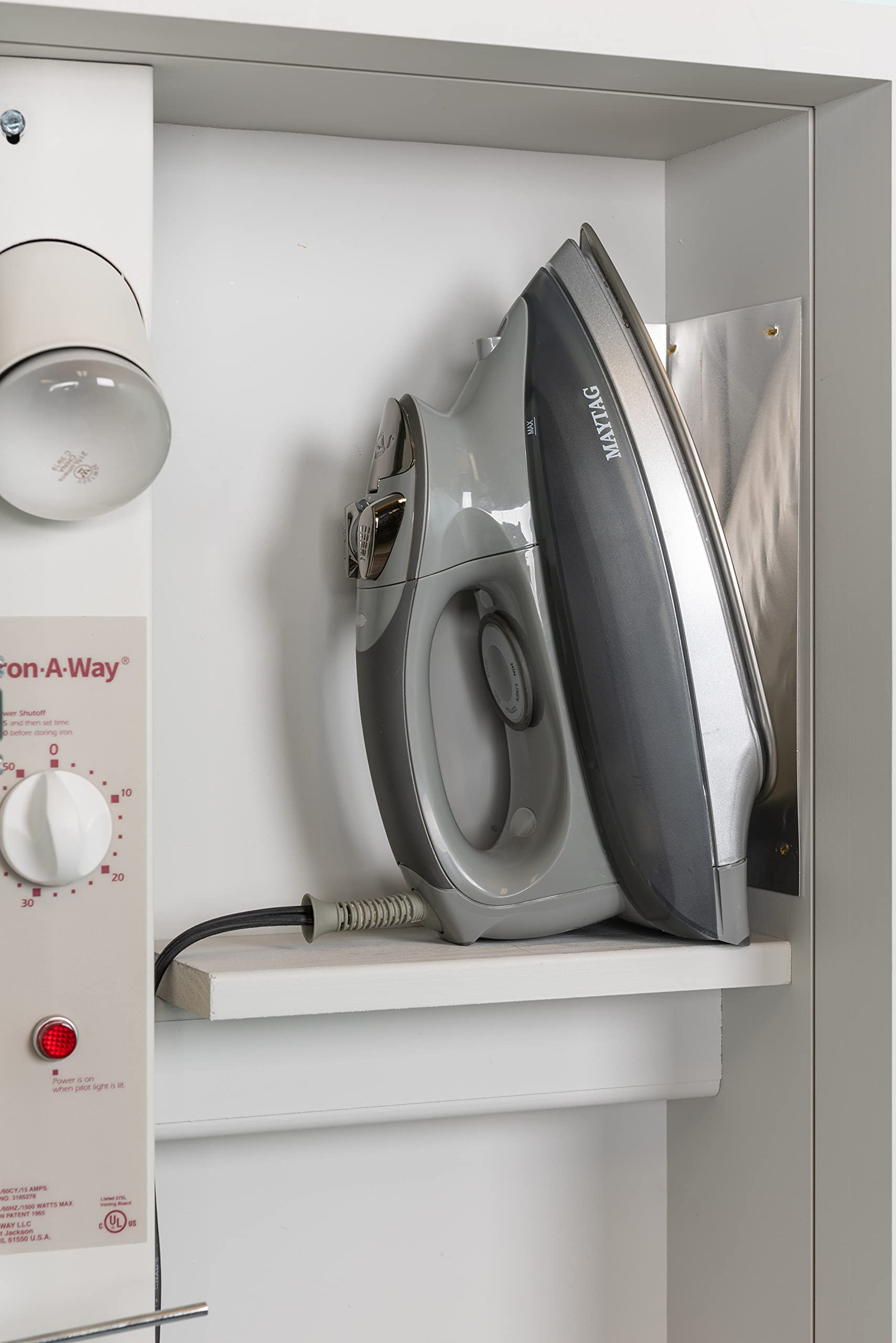Built-In Ironing Center with 42 Inch Ironing Board | Electrical System & Hot Iron Storage | White Flat Door E42FWU | Perfect for Laundry Rooms & Home Organization