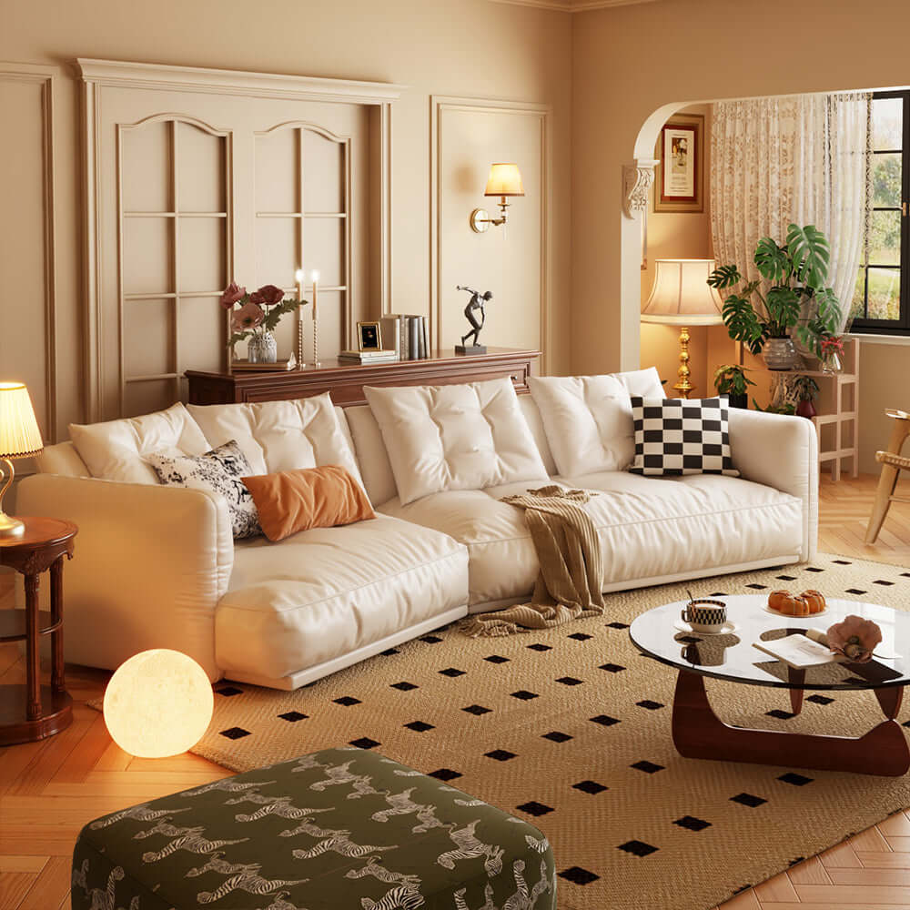 Vintage French Style Leather Curved Corner Sofa - Luxury Tufted Sectional Couch for Living Room, Lounge & Office Decor