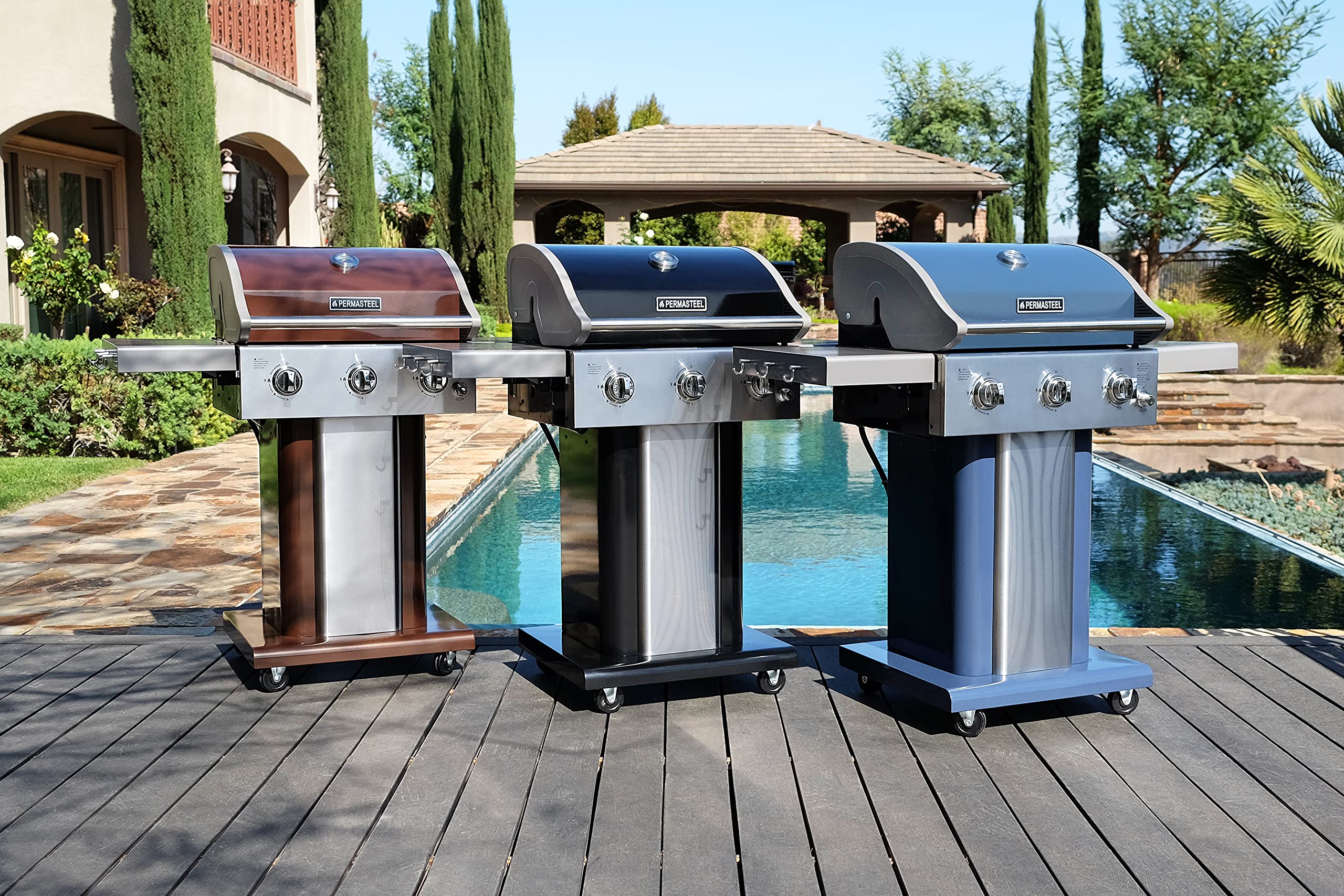 Permasteel 3-Burner Propane Gas Grill - 30,000 BTU Outdoor BBQ Grill with Cast Iron Grates, Foldable Side Shelves & Tool Hooks - Perfect for Backyard, Patio, and Camping Cooking - Black