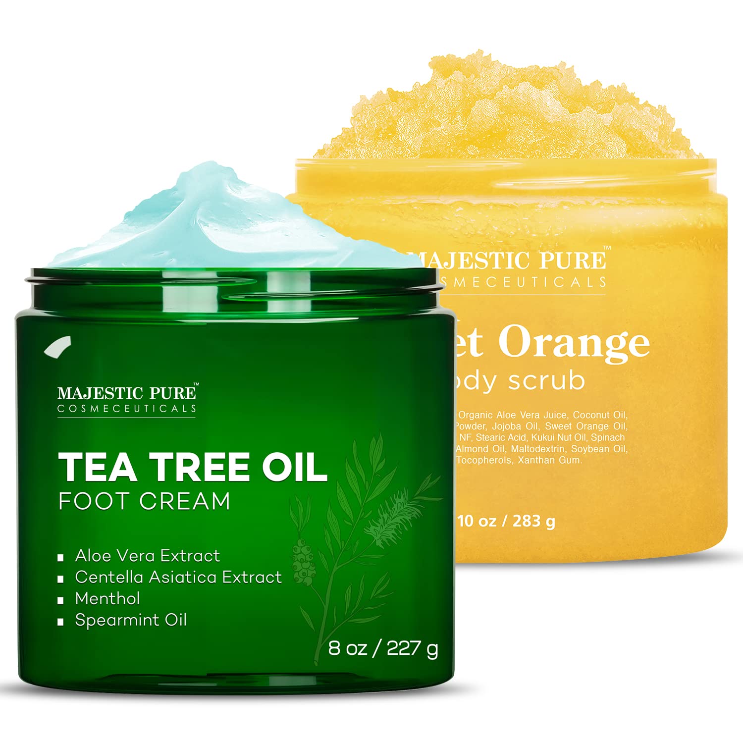 Majestic Pure Tea Tree Foot Cream 8 oz & Orange Scrub 10 oz Bundle - Moisturizing Foot Care for Cracked Heels & Calluses, Exfoliating Dead Skin - Perfect for Pedicures & At-Home Foot Spa Treatments