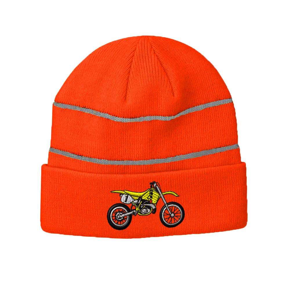 Custom Reflective Beanie with Yellow Dirt Bike Embroidery - Acrylic Knit Winter Hat for Motorcycle Riders & Outdoor Sports Enthusiasts