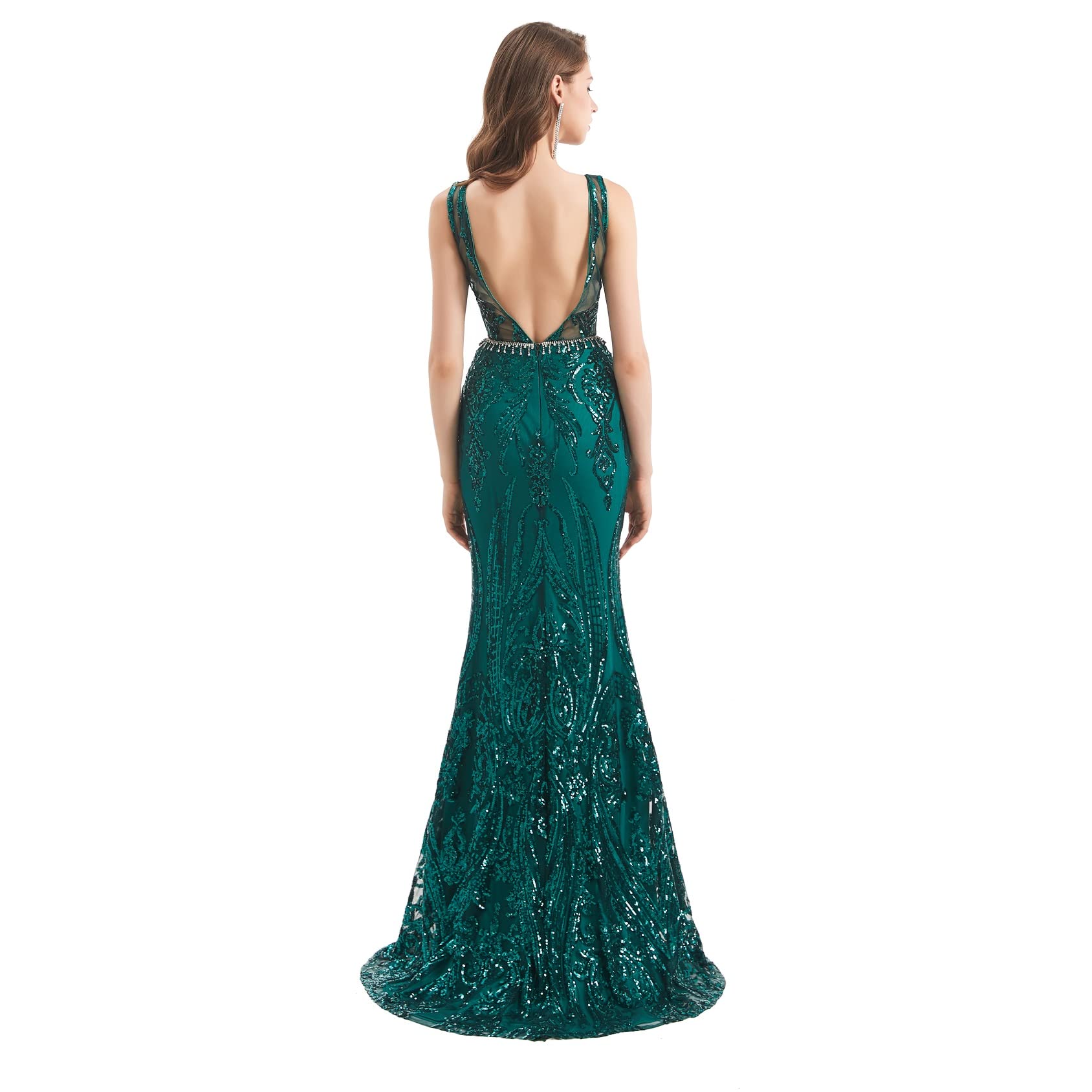 Elegant Green Sequin Mermaid Evening Dress for Women - Formal Party Prom Gown with Round Neckline | Perfect for Prom, Evening Galas, and Special Occasions