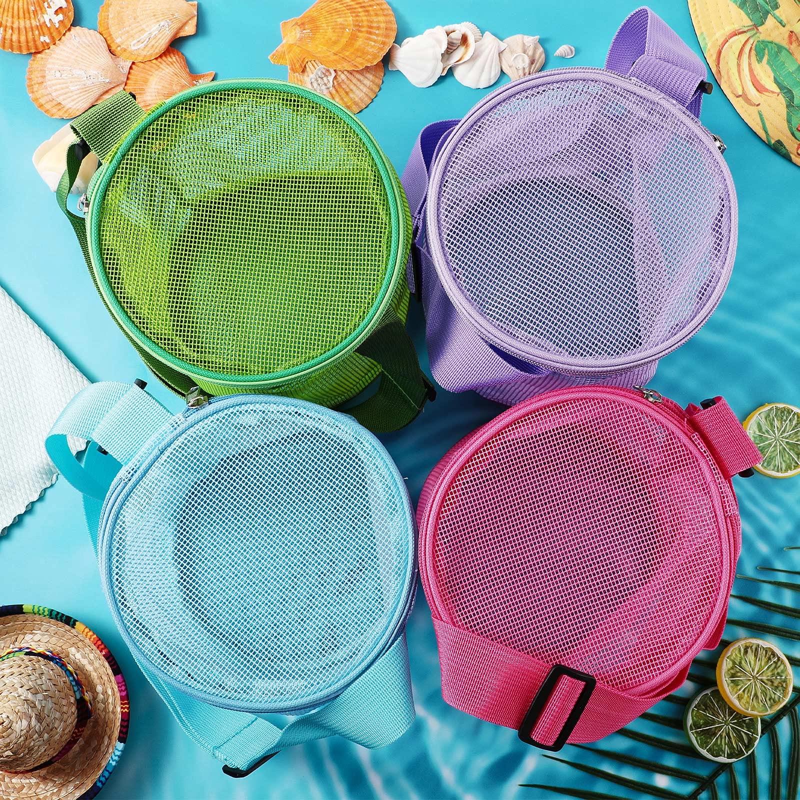 Frienda 4-Piece Large Mesh Beach Tote Bags with Adjustable Straps & Zipper - Cylindrical Storage for Sand Toys, Swim Gear & Summer Essentials - Pink, Blue, Green, Purple for Boys & Girls - Perfect for Beach Trips, Pool Parties & Outdoor Adventures