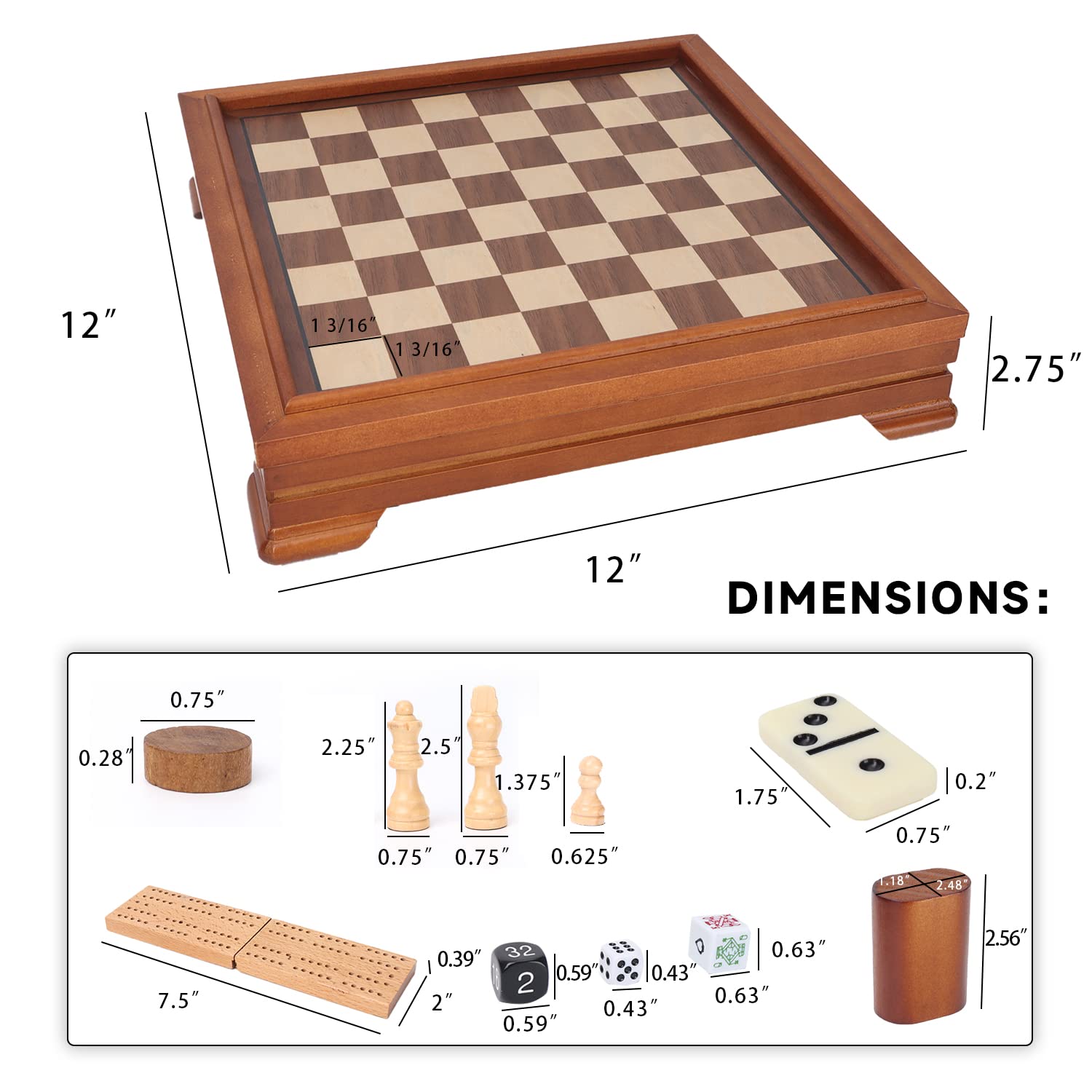 GSE 7-in-1 Wooden Game Set - Chess, Checkers, Backgammon for Family Game Night