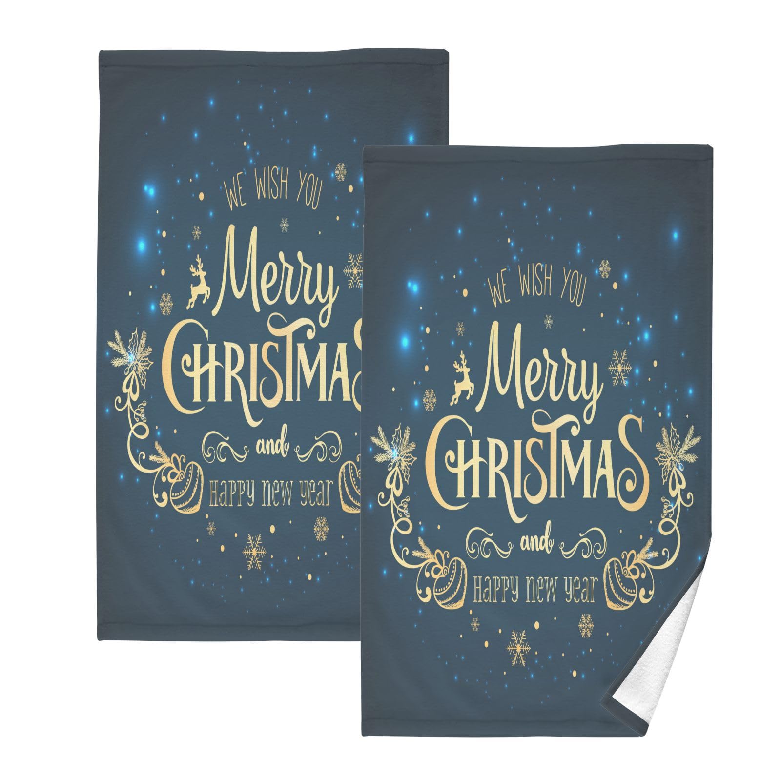 Christmas Blue Snowflake Cotton Hand Towel Set of 2 - Ultra Absorbent Soft Bath & Kitchen Towels (16x28 Inch) for Home, Hotel, Gym & Spa - Perfect for Holiday Decor & Guest Hand Towels