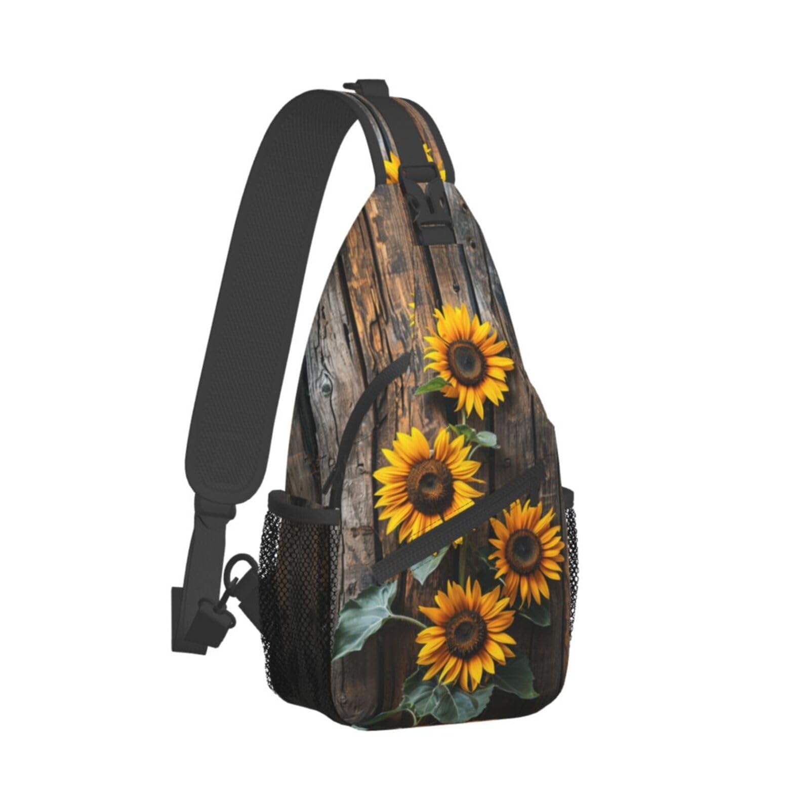 Sunflower Wooden Board Sling Backpack - Lightweight Waterproof Hiking Bag for Outdoor Sports