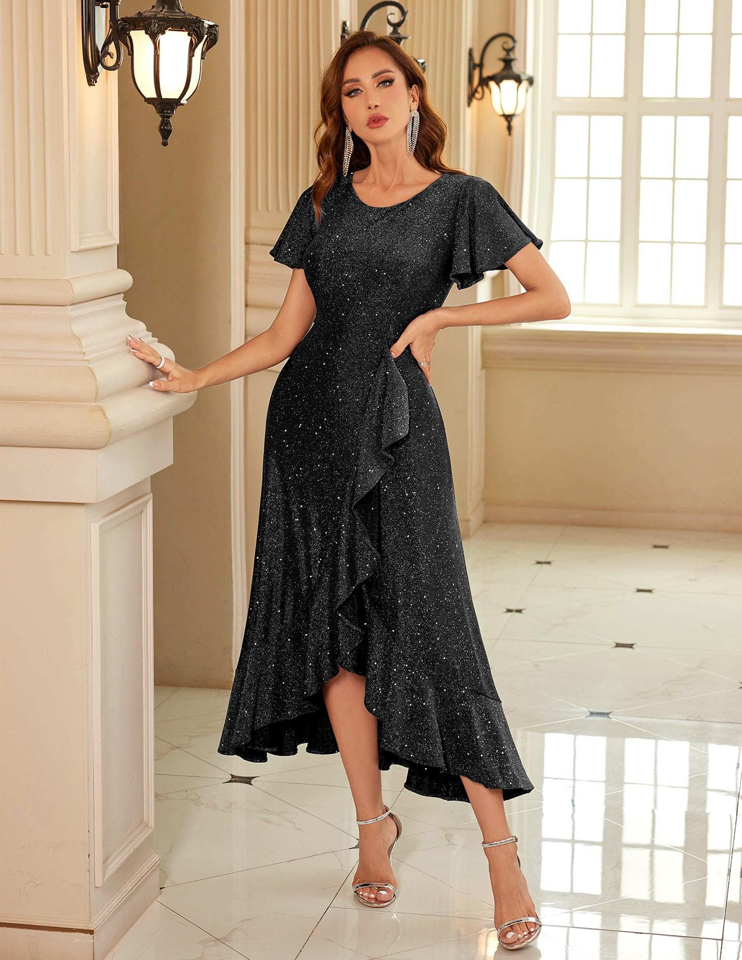 BeryLove Women's Sequin Formal Party Dress with Flutter Short Sleeves - Elegant Wedding Cocktail & Evening Gown for Prom, Bridesmaid, and Special Occasions