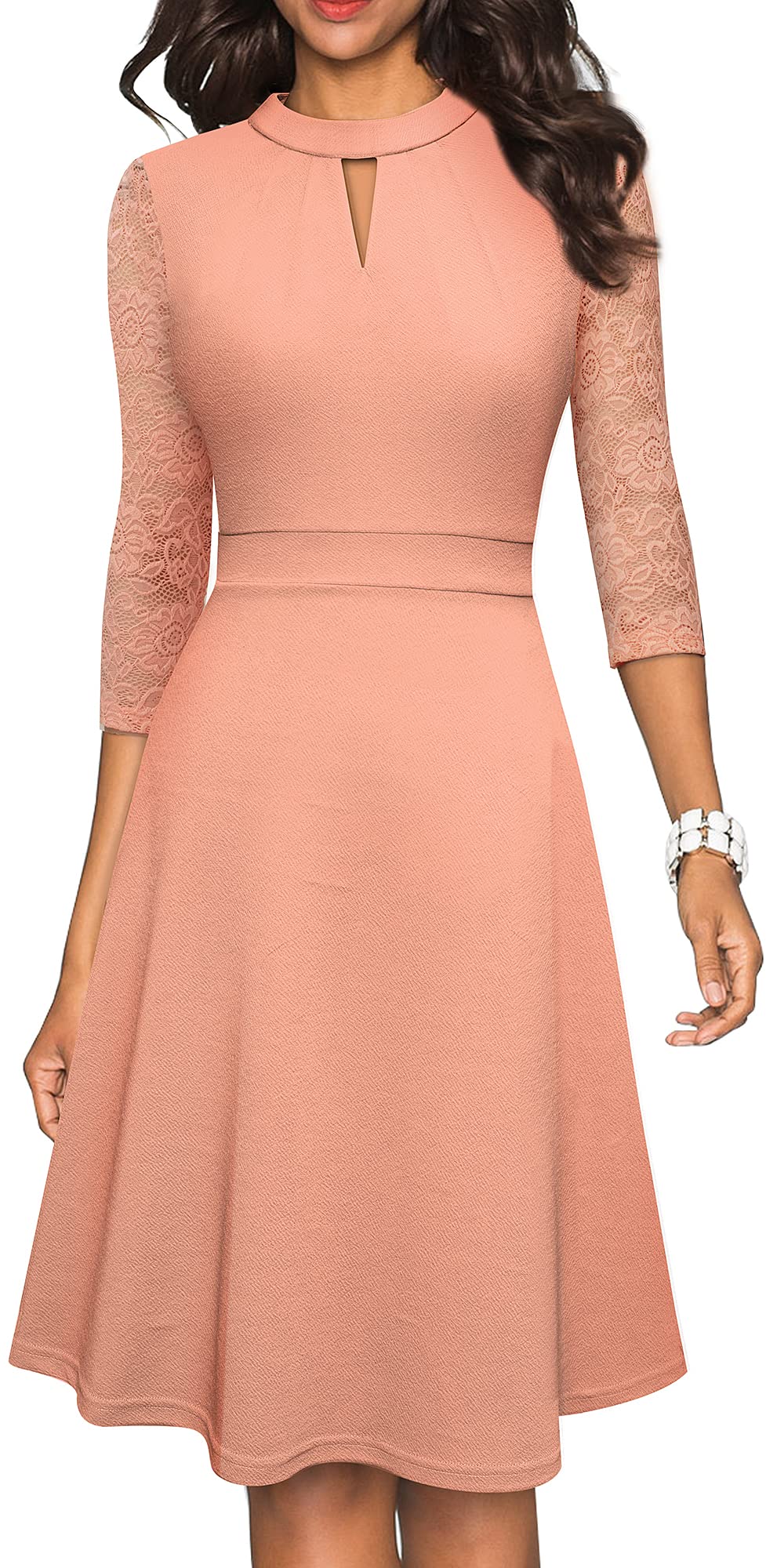 HOMEYEE Women's Elegant Hollow Out Lace Patchwork Vintage Party Dress - Round Neck Retro Style for Evening Events, Weddings & Special Occasions