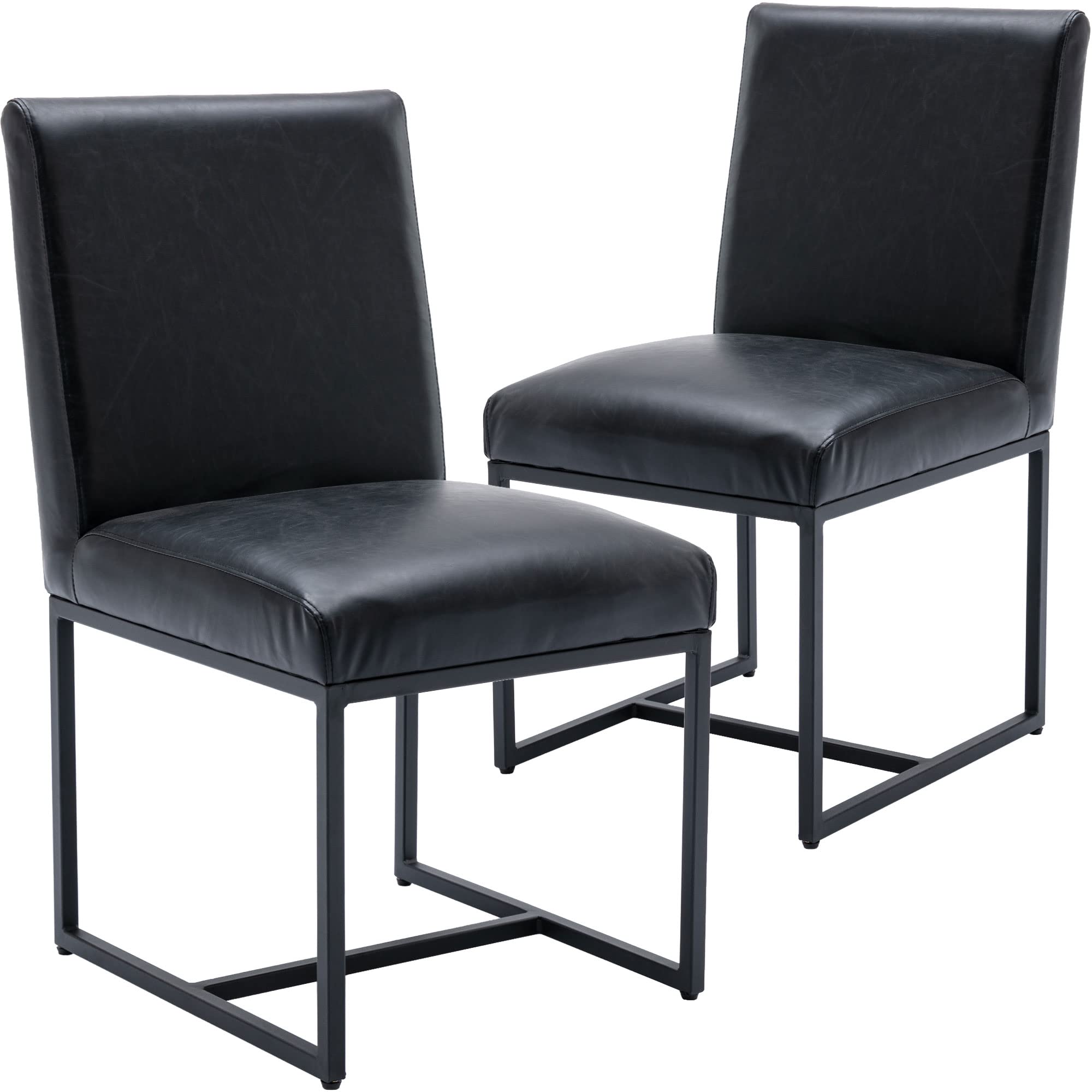 Wahson Set of 2 Faux Leather Dining Chairs - Mid Century Modern Kitchen Chairs with Black Metal Frame - Armless Upholstered Seating for Dining Room, Kitchen, Breakfast Nook & Small Spaces