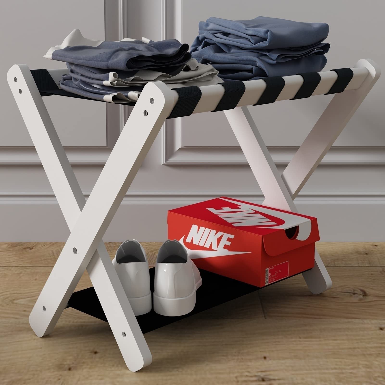 Foldable Wooden Luggage Rack Set of 2 - Double Tier Suitcase Stand with Shoe Shelf | Portable Travel Bag Storage Organizer | Perfect for Bedroom, Hotel & Small Space Organization | Durable Home Storage Solution
