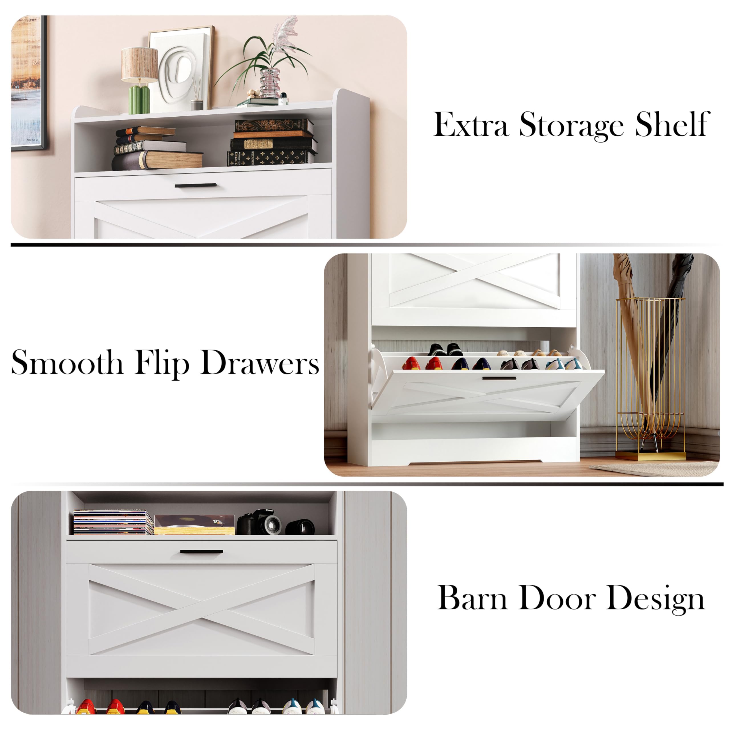 Large Shoe Cabinet with 2 Flip Drawers - Free Standing Tipping Bucket Shoe Rack Organizer for Entryway, Hallway, Bedroom - Modern Shoe Storage Furniture (White) - Perfect for Small Spaces & Home Organization