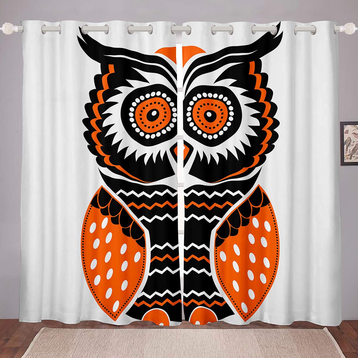 Castle Fairy Room Window Curtains - Owl Design Colorful Orange & Black Baroque Style (104W x 63L Inch) - Noise Reducing Drapes for Bedroom & Living Room - Perfect for Gothic Decor, Kids Room & Fantasy Themed Spaces