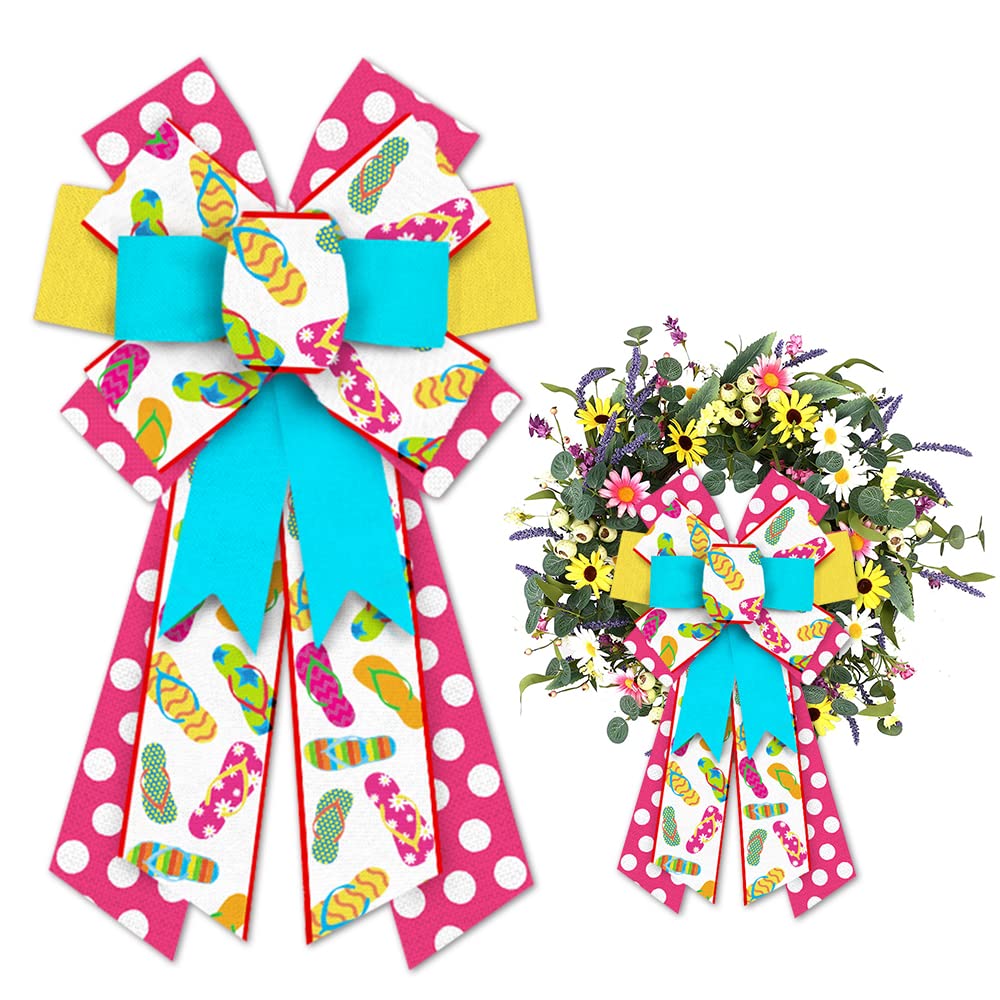 Large Summer Slipper Bows for Wreath Decor - Red & Blue Front Door Bows, Spring Dotted Beach Wreath Bows - Perfect for Party, Indoor & Outdoor Wall Decorations - Summer & Spring Holiday Decorative Supplies