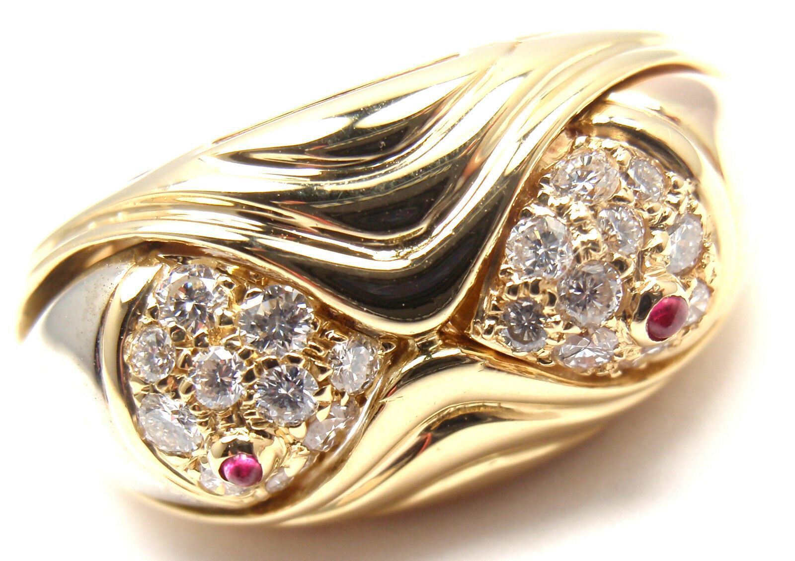Authentic Bulgari Bvlgari 18k Yellow Gold Diamond Ruby Naturalia Fish Band Ring for Women - Luxury Statement Jewelry for Parties, Weddings & Special Occasions