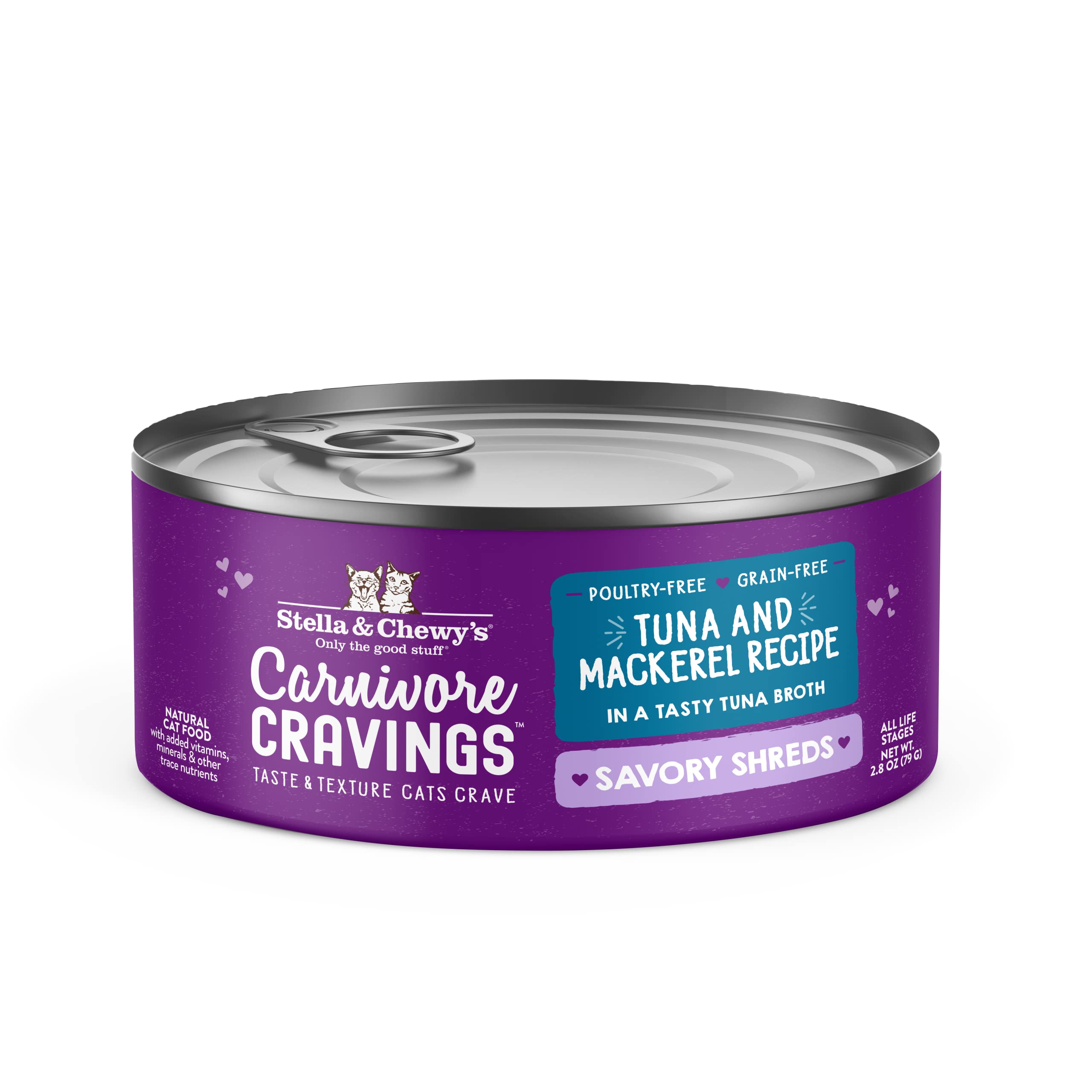 Stella & Chewy’s Grain Free Wet Cat Food - High Protein Wild-Caught Tuna & Mackerel Recipe in Savory Shreds (12 Pack of 2.8oz Cans) - Perfect for Picky Eaters & Indoor Cats