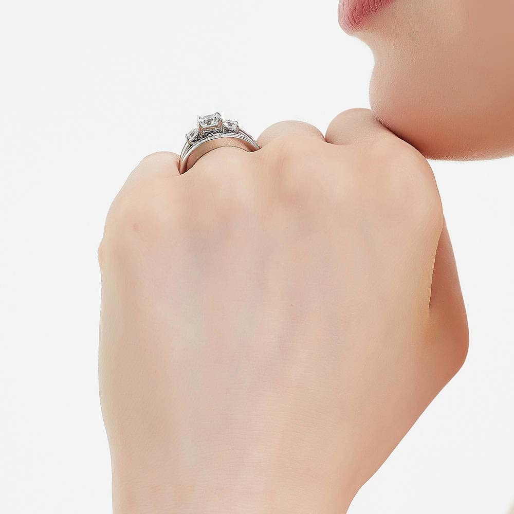 BERRICLE Sterling Silver 3-Stone Wedding & Engagement Ring Set - 1 Carat Round Cut Cubic Zirconia CZ for Women, Rhodium Plated, Size 4-10 - Perfect for Proposals, Anniversaries & Bridal Jewelry