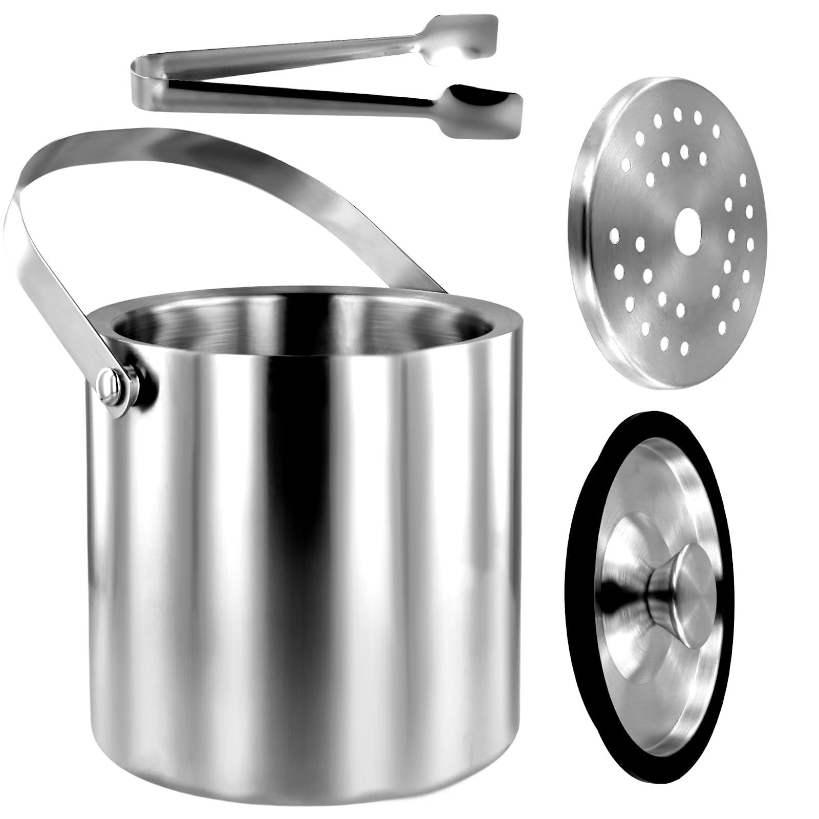 Premium Stainless Steel Ice Bucket with Lid - 3L Double-Walled Insulated Container with Strainer & Tong - Leakproof Silicone Cover for Cocktails, Wine, and Party Drinks - Perfect for Home Bars, Weddings, and Outdoor Gatherings (Silver)