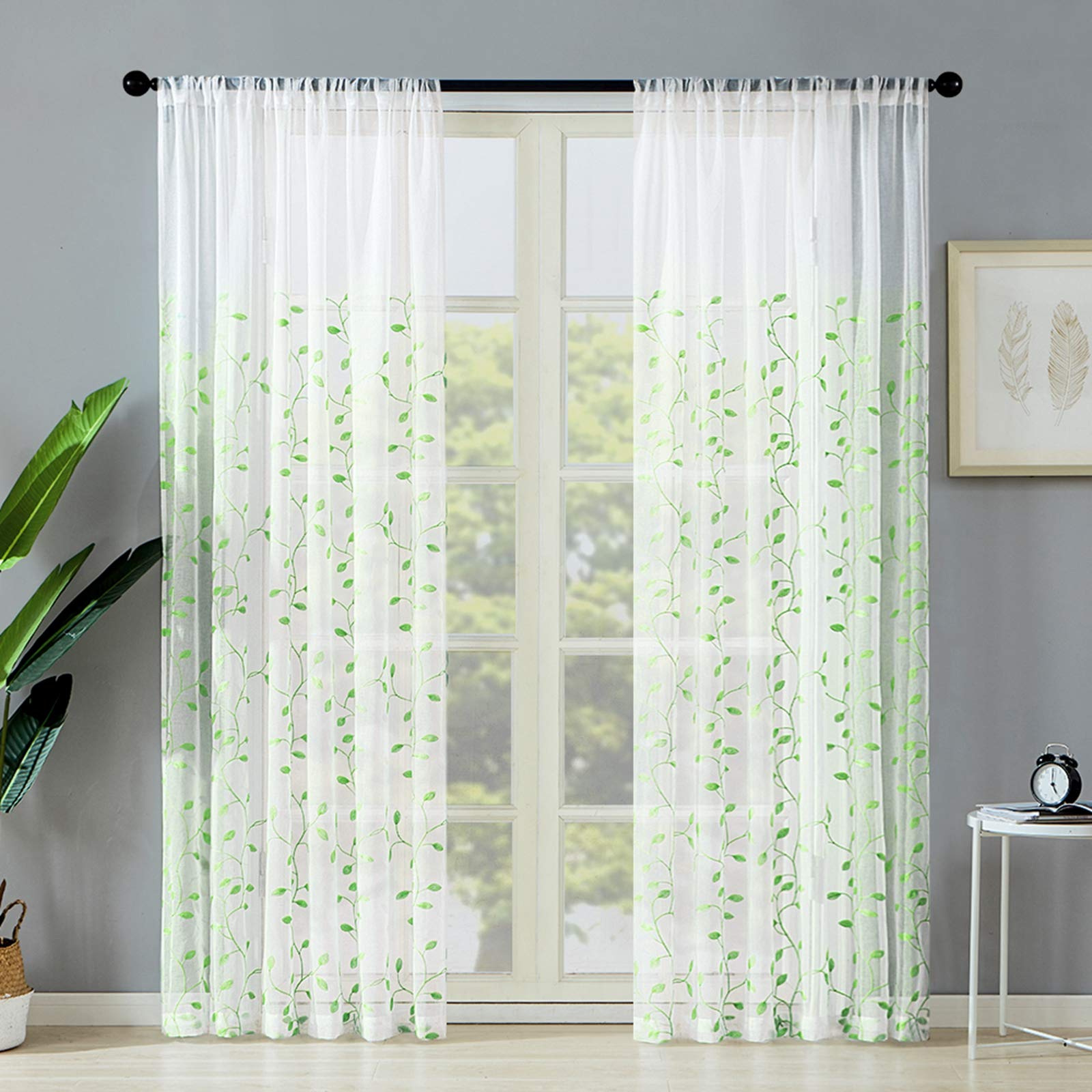 MRTREES Sheer Curtains with Leaf Embroidery - 84 Inch Long Window Panels for Living Room & Bedroom (Set of 2, Rod Pocket, Green Leaves) - Perfect for Christmas Decor, Natural Light Filtering & Elegant Home Decor