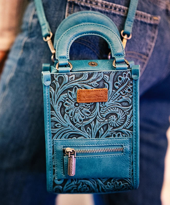 Montana West Genuine Leather Tooled Mini Crossbody Purse for Women - Stylish & Compact Handbag for Daily Use, Travel, and Casual Outings
