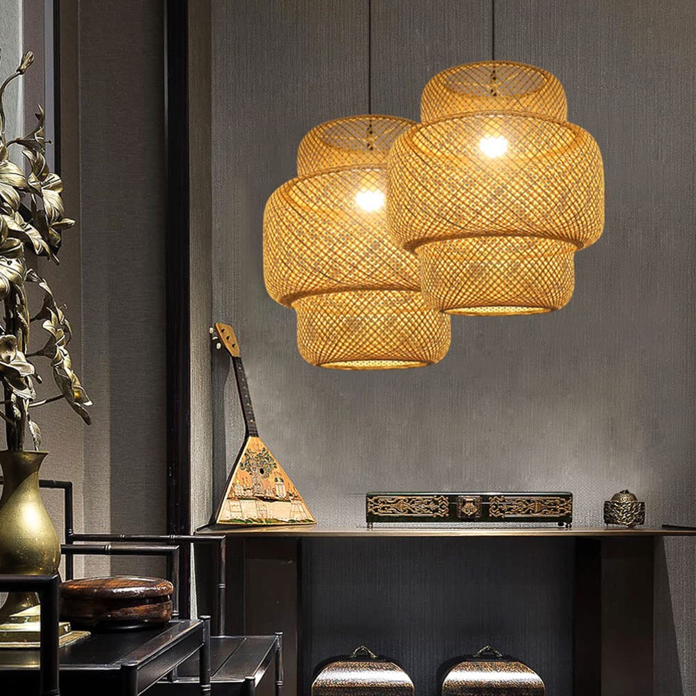 Handwoven Bamboo Lantern Pendant Light - Natural Rattan Shade with E27 Socket for Ceiling Chandelier - Boho Home Decor Lighting Fixture for Living Room, Dining Room and Hallway - Perfect for Creating Cozy Ambiance in Bedroom, Patio or Restaurant