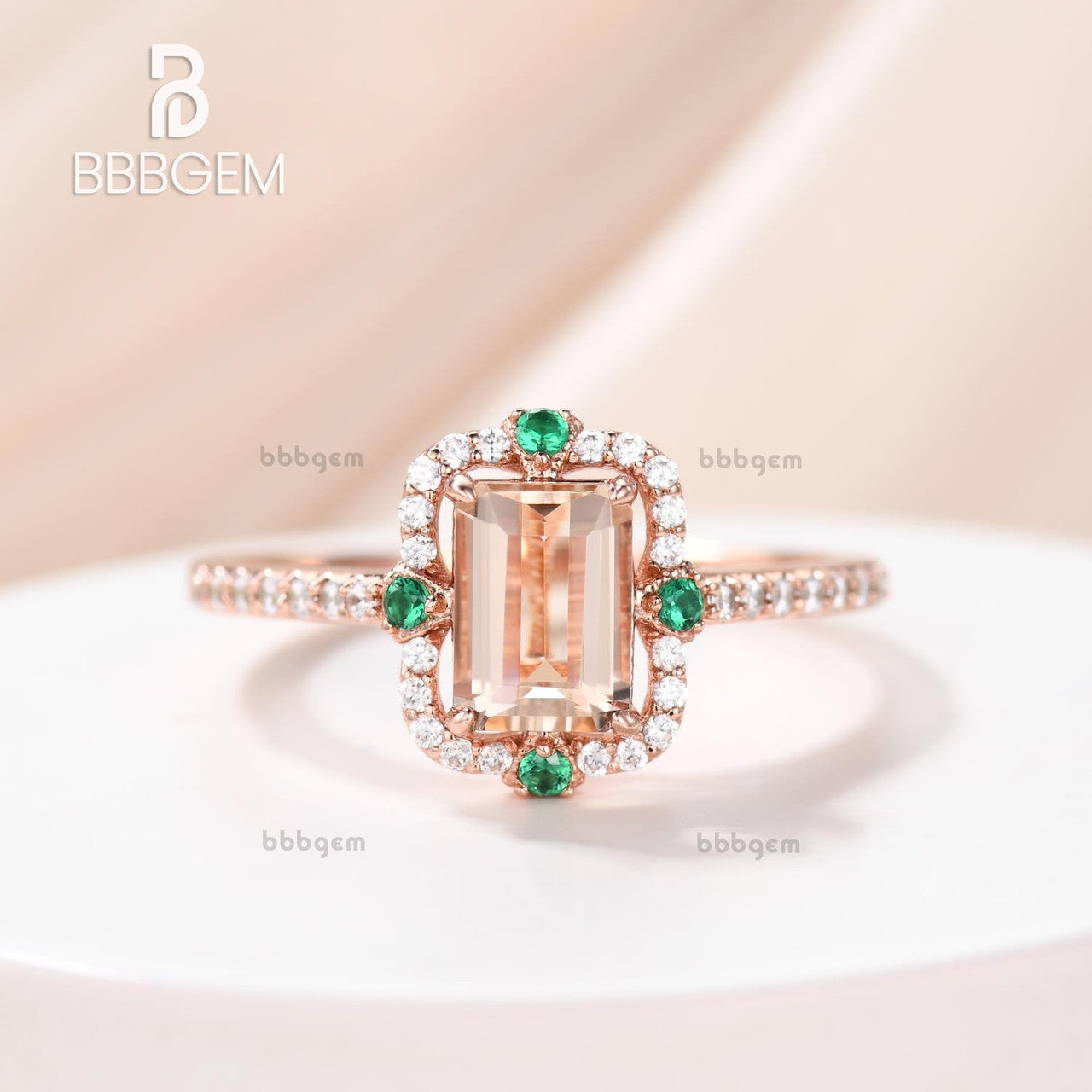 Vintage Emerald Step Cut Peachy Pink Morganite Rose Gold Statement Ring with 4 Emerald Accents - Elegant Jewelry for Weddings, Anniversaries & Special Occasions