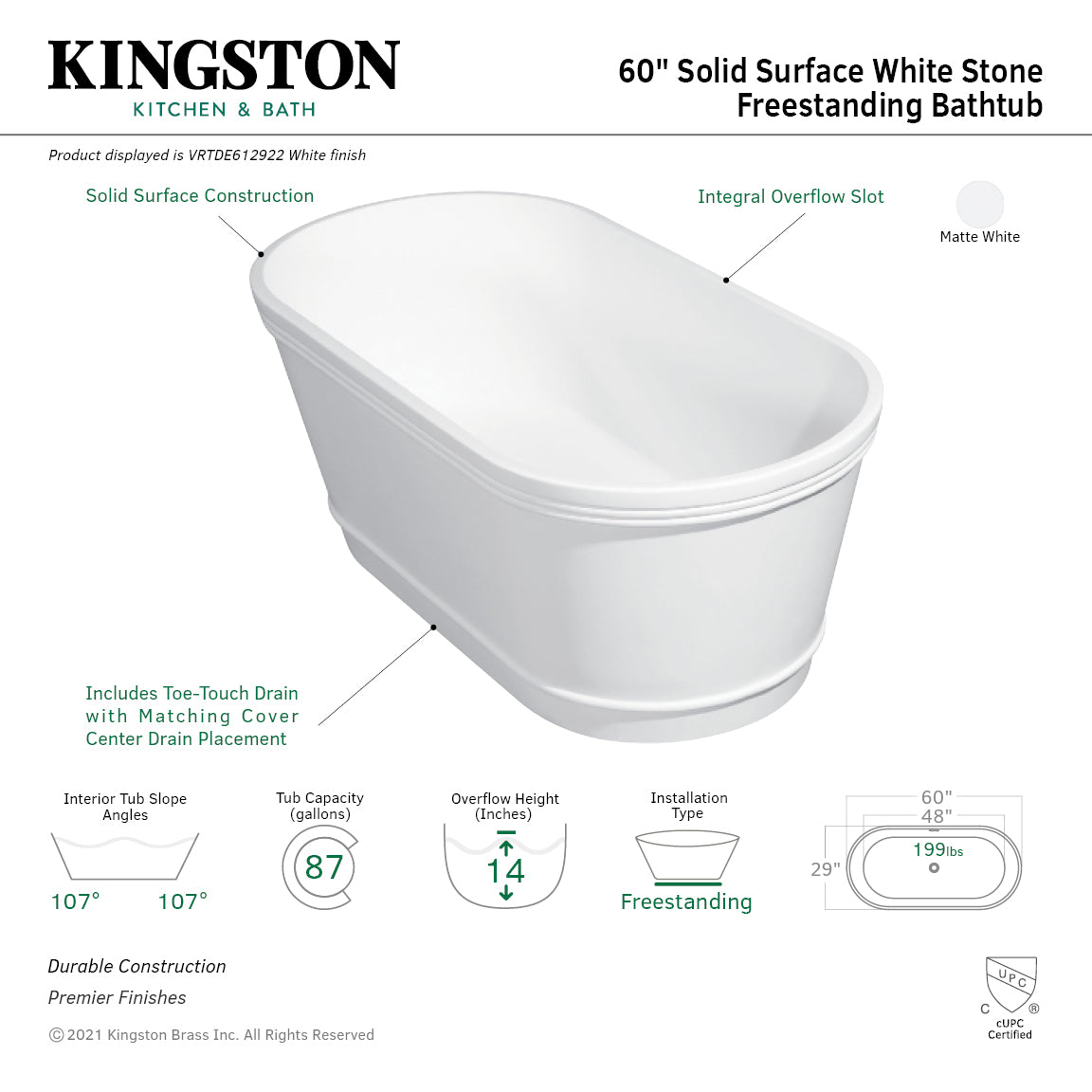 Arcticstone 60-Inch Freestanding Oval Bathtub - VRTDE612922 Double Ended Solid Surface Soaking Tub with Drain in Glossy White/Matte White | Perfect for Luxury Bathrooms & Spa Retreats
