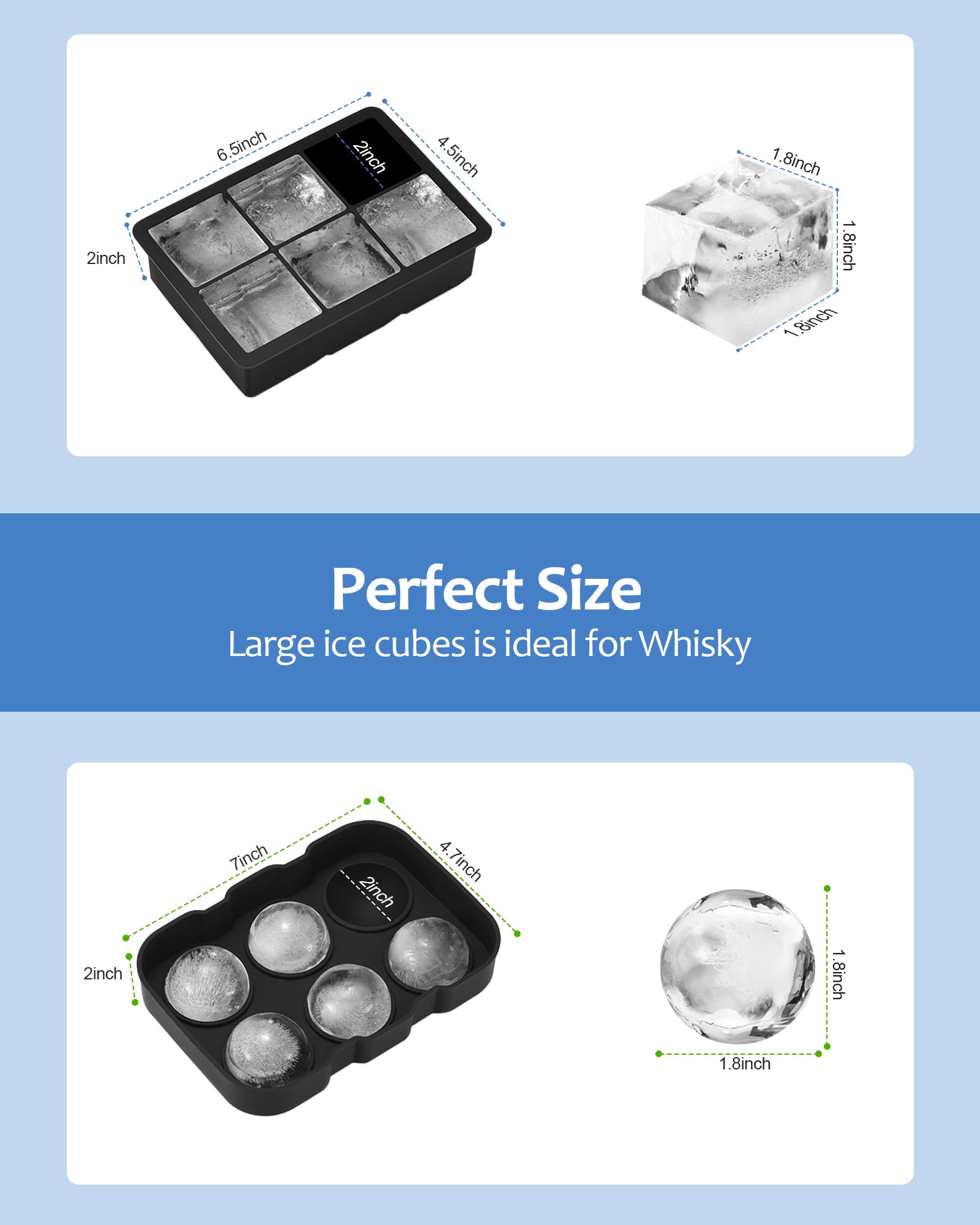 Premium Silicone Ice Cube Trays Set of 2 - Large Sphere Mold with Lid & Square Tray for Whiskey, Bourbon, Cocktails | Easy Release Freezer Safe Ice Ball Maker | Perfect for Home Bars, Parties, Gifts (Black)