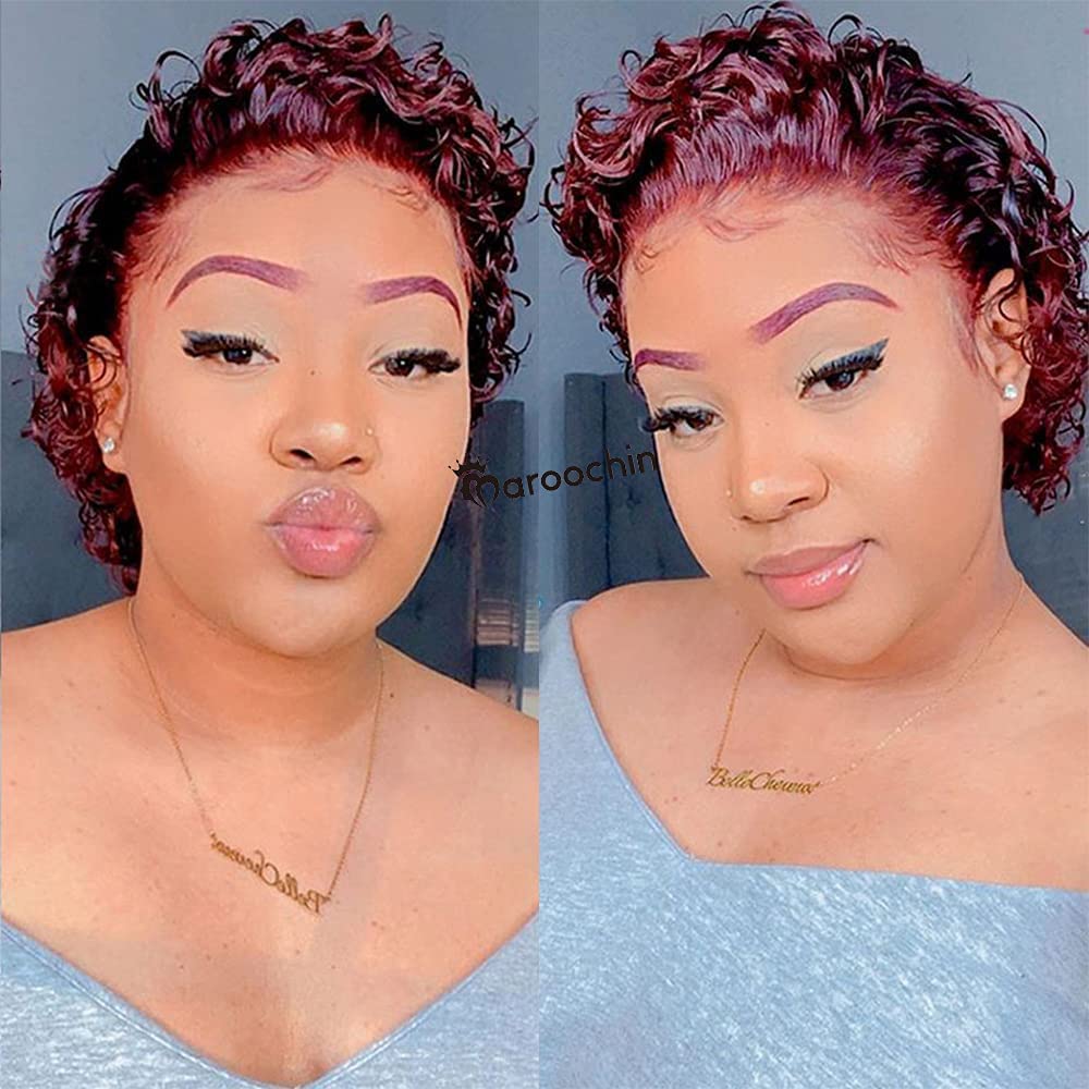 13x4x1 Lace Front Human Hair Wigs for Black Women - 180% Density Pixie Cut Curly Short Bob Wig with Baby Hair | 8 Inch 99J Natural Looking Hairpiece for Daily Wear, Parties & Special Occasions