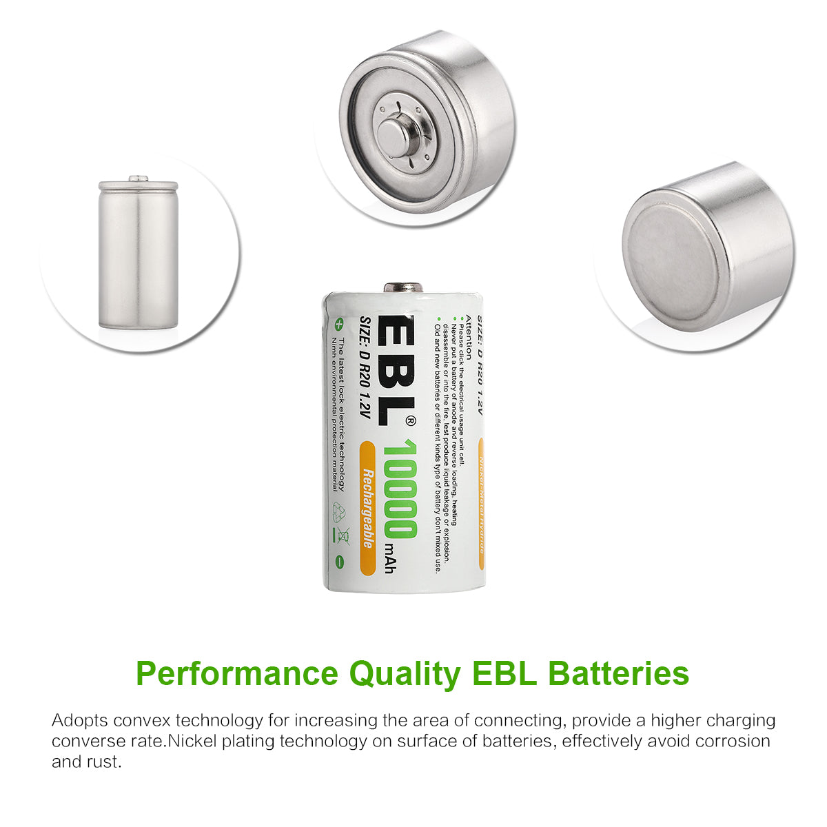 EBL Rechargeable D Batteries 10000mAh High Capacity - 4 Pack Long Lasting Power for Flashlights, Toys, Radios & Emergency Devices