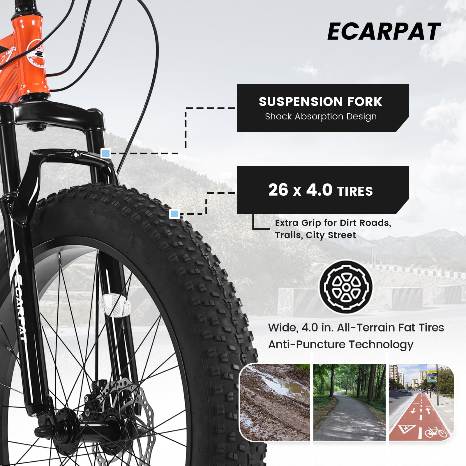 **Ecarpat 20/24/26 Inch Fat Tire Mountain Bike - 21 Speed, Dual Disc Brake, High-Carbon Steel Frame, Front Suspension - Men & Women's All-Terrain, Trail, Urban Commuter & City Bicycle for Adventure & Daily Riding**