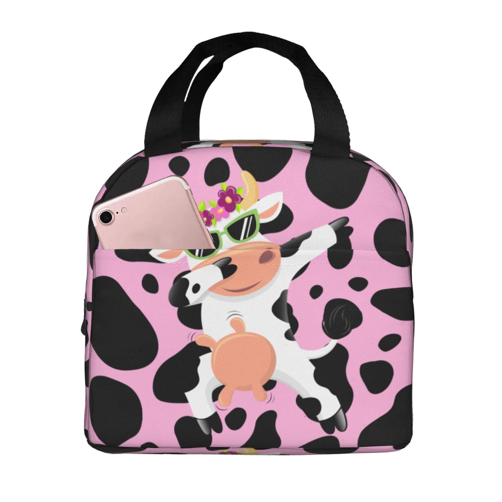 Pink Cow Print Lunch Bag for Women & Men - Insulated Reusable Cooler Tote with Pocket for Work, Office, School, Hiking & Picnic - Washable Lunch Box for Kids & Adults