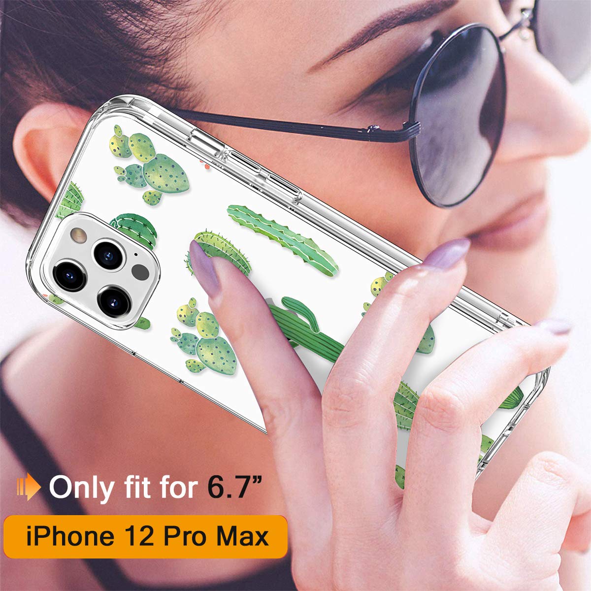 GiiKa iPhone 12 Pro Max Case with Screen Protector - Clear Shockproof Floral Design Hard Case with TPU Bumper - Protective Phone Cover for Women & Girls (Green Cactus) - Perfect for Everyday Use, Travel & Outdoor Activities