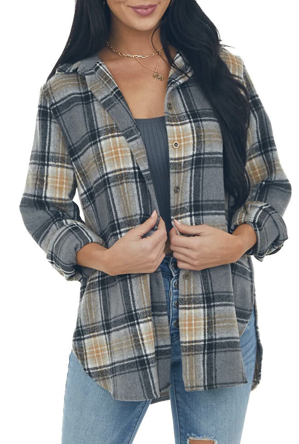 NUOREEL Women's Plaid Flannel Shirt - Soft Button Down Long Sleeve Boyfriend Shirt for Casual Wear, Fall Outfits & Layering | Cozy Loungewear & Outdoor Activities