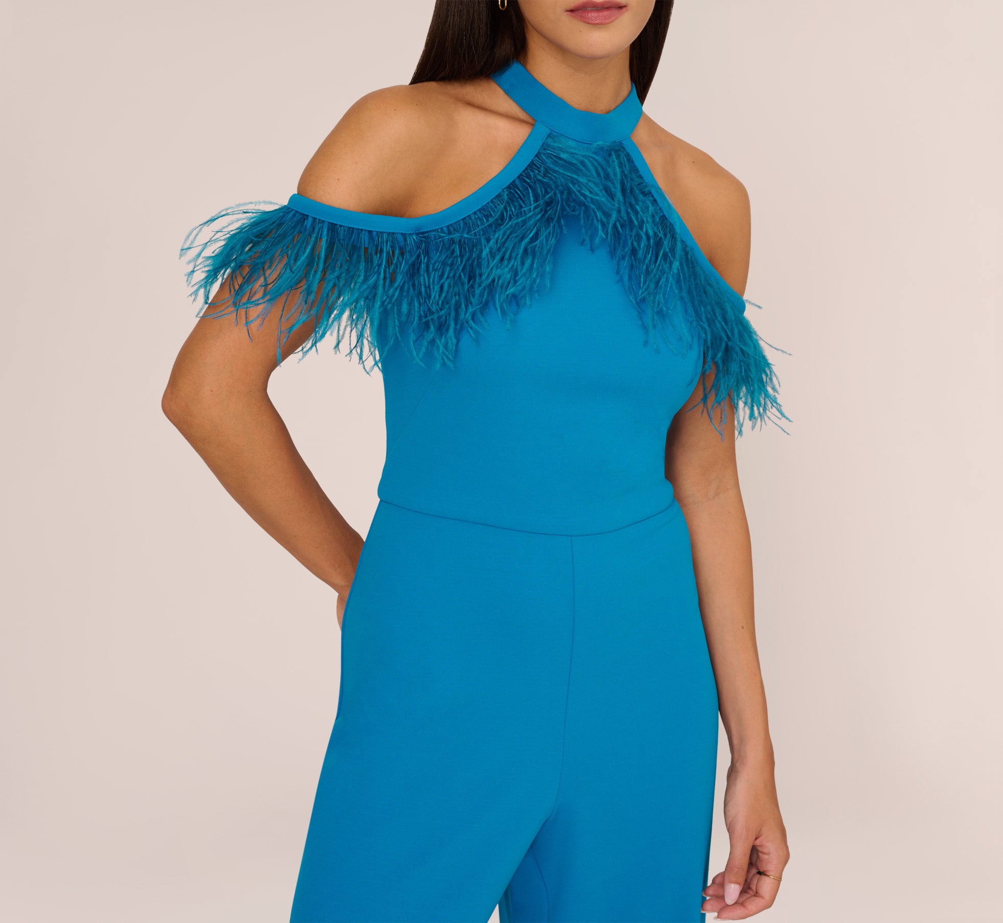 Deep Cerulean Cold Shoulder Stretch Crepe Jumpsuit with Feather Trim - Perfect for Evening Parties, Date Nights & Special Occasions