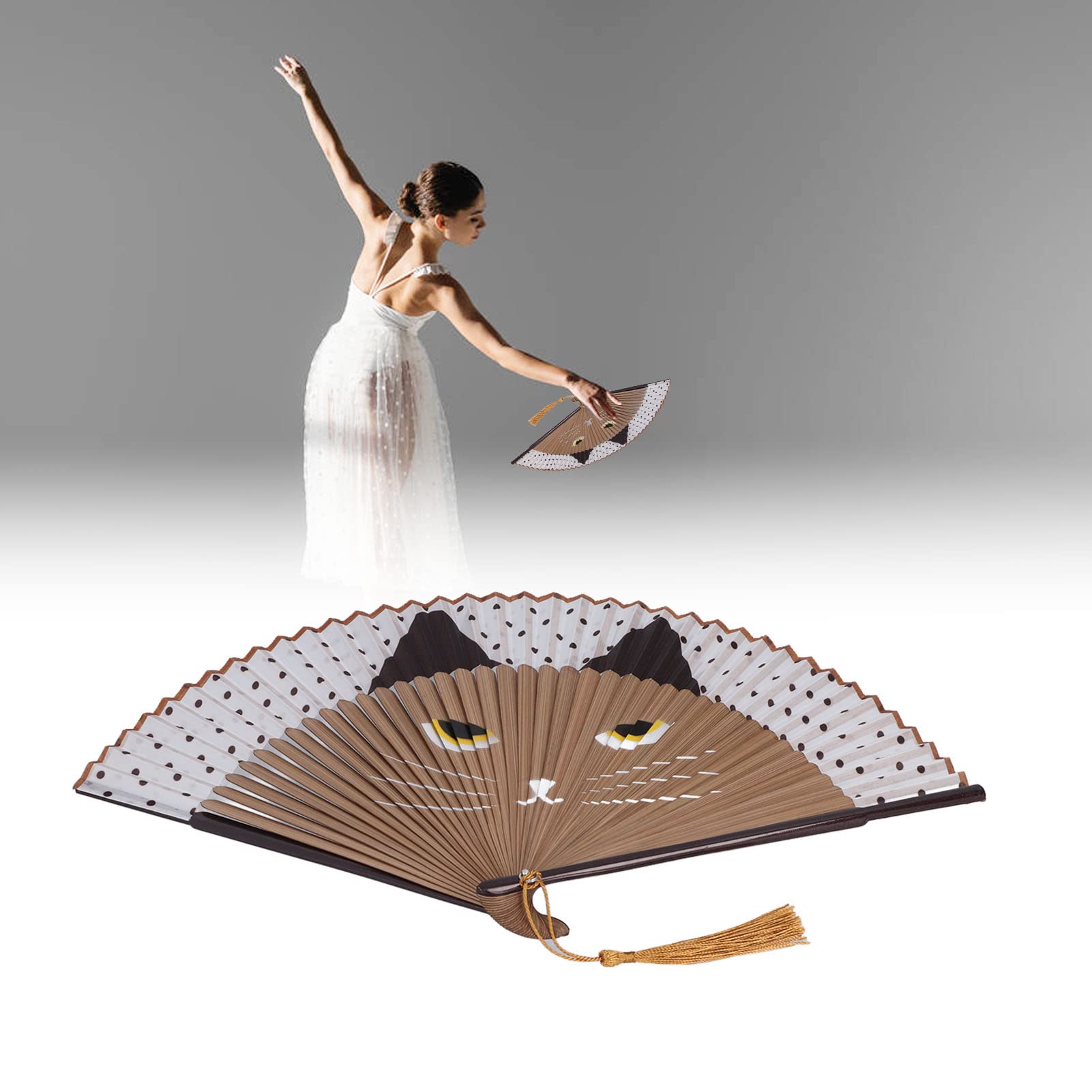 Japanese Style Bamboo Folding Hand Fan with Cat Pattern - Portable Handheld Fan for Wedding, Dance Props, Home Decor & Summer Cooling - Perfect Gift for Women & Party Favors