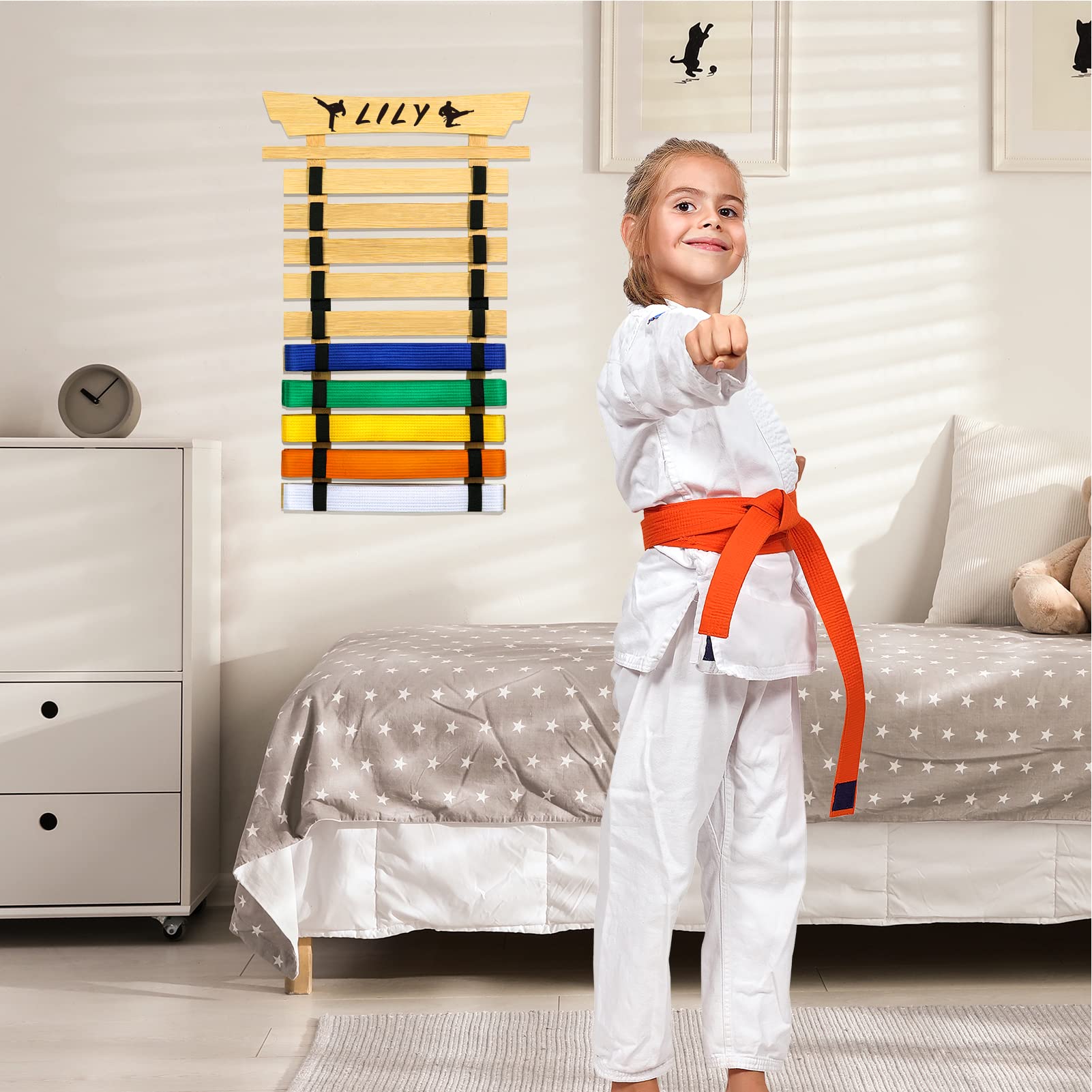 10-Piece Karate Belt Display Rack with Stickers - Taekwondo & BJJ Belt Holder for Kids & Adults - No Assembly Required Martial Arts Equipment - Perfect for Dojo, Gym & Home Organization