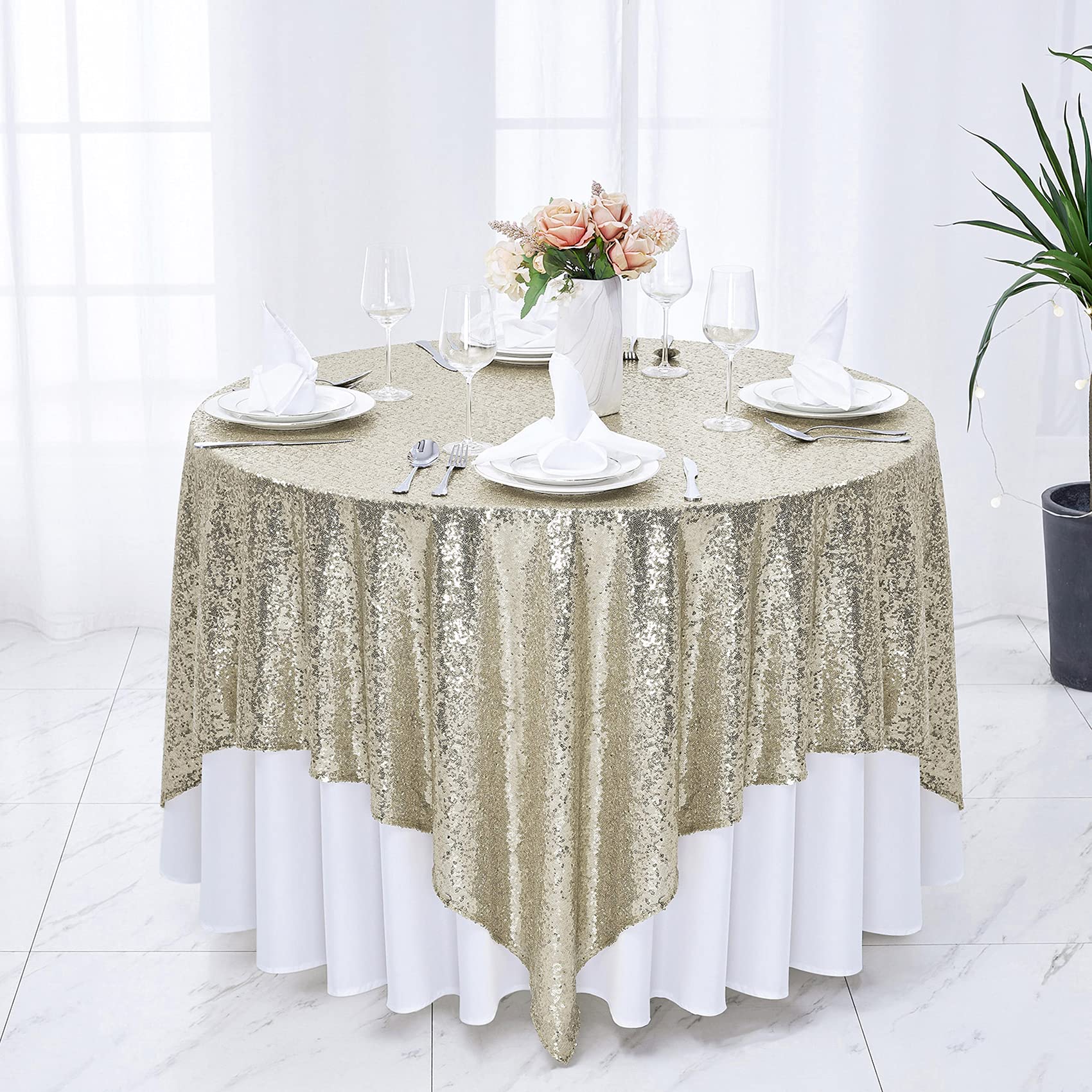 90x90 Inch Champagne Sequin Tablecloth - Sparkling Glitter Table Cover for Wedding, Bridal Shower, Birthday Party, Banquet & Dessert Table Decor | Elegant Event Decorations for Special Occasions