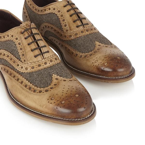 London Brogue Gatsby Leather Brogue Tan/Tweed Men's Dress Shoes - Classic Vintage Style for Formal Events & Business Occasions