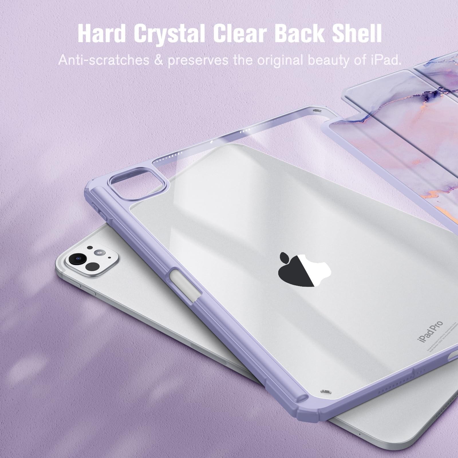 Fintie Hybrid Slim Case for iPad Pro 11-inch M4 (2024) - Shockproof Protective Cover with Clear Transparent Back Shell & Built-in Apple Pencil Holder | Auto Wake/Sleep Feature | Lilac Marble Design | Perfect for Work, School & Travel Protection