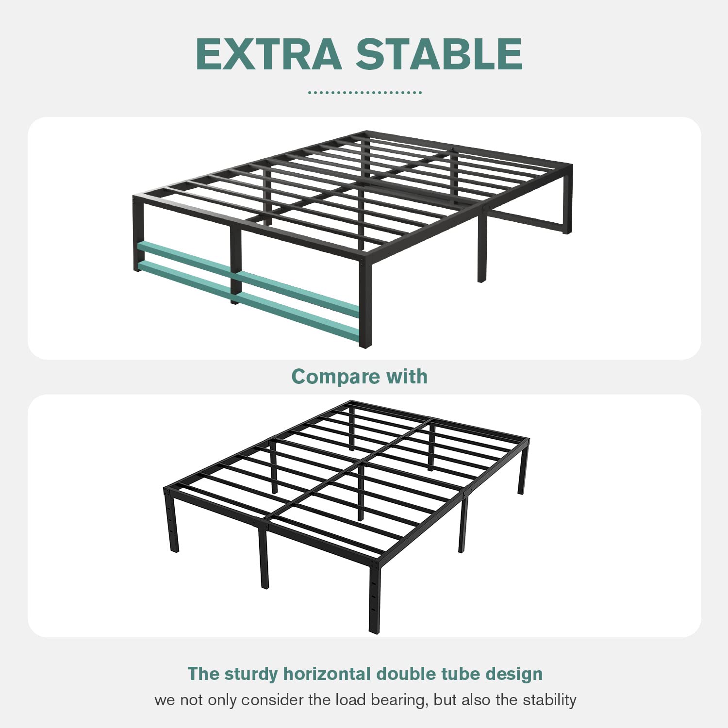 14'' Metal Platform Queen Bed Frame with Steel Slats - No Box Spring Needed, Easy Assembly & Underbed Storage | Sturdy Mattress Foundation for Bedroom, Guest Room, Dorm