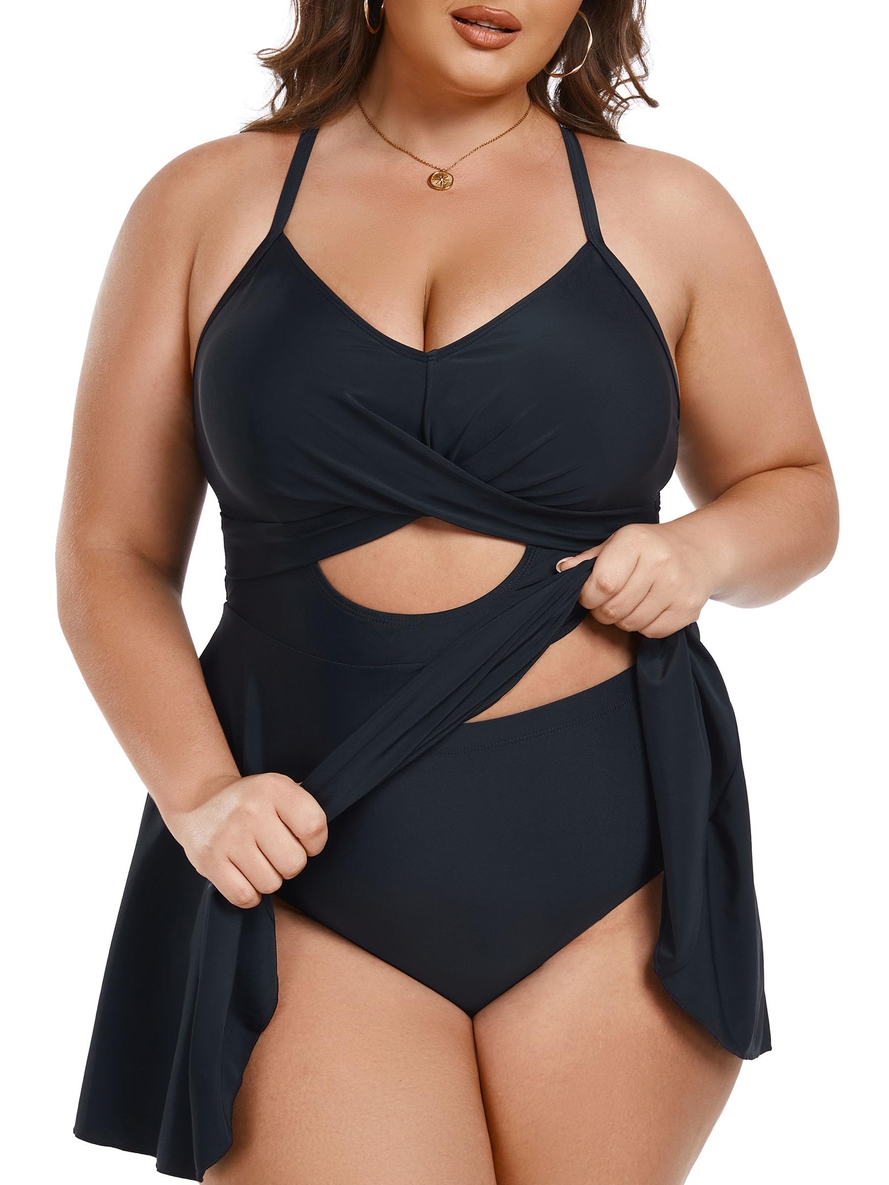 AOVDE Plus Size Women's Swimsuits 2-Piece Tankini Swim Dress with Shorts - Flowy Bathing Suit for Beach, Pool & Vacation