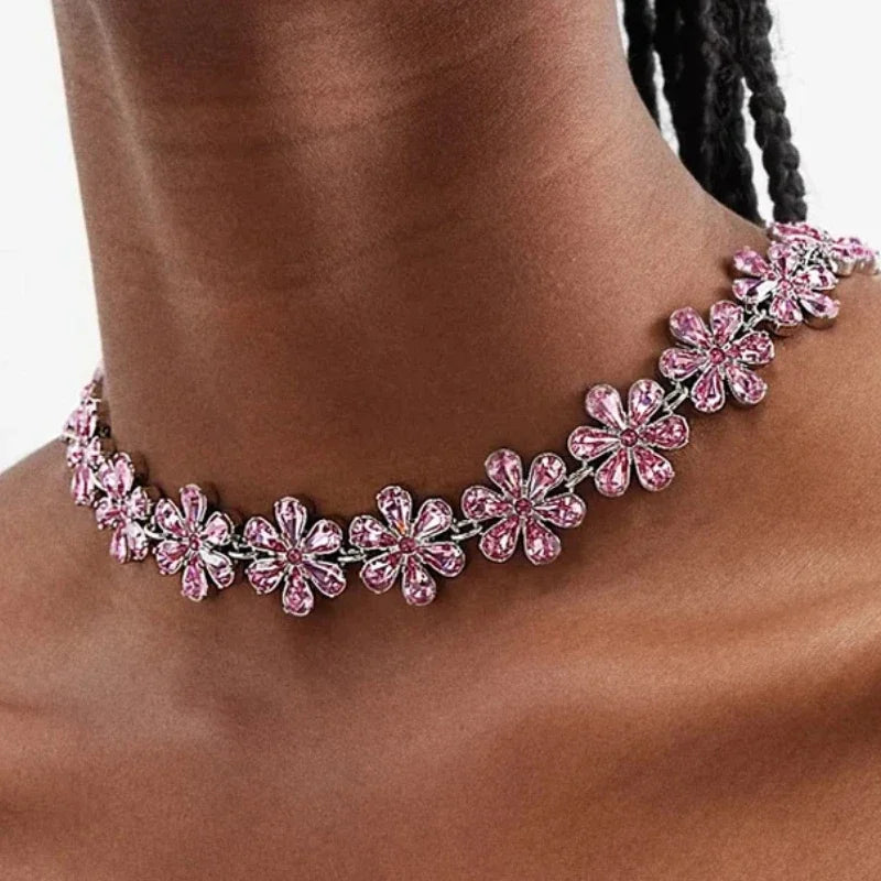 Elegant Pink Crystal Flower Choker Necklace for Women - Rhinestone Statement Collar Jewelry - Perfect for Parties, Weddings & Date Nights