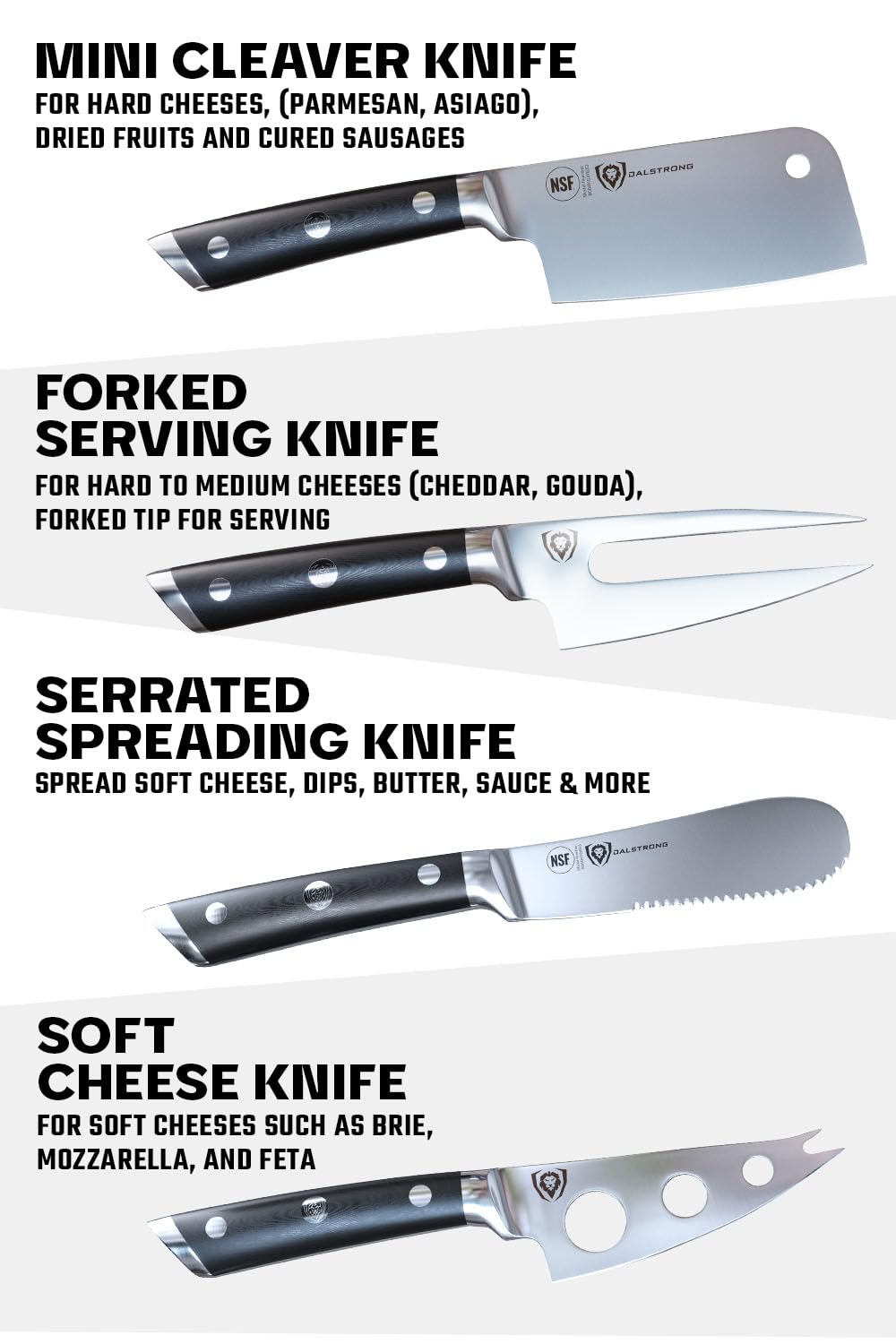 Premium Dalstrong Charcuterie & Cheese Knife Set - 4-Piece Gladiator Series Elite with Mini Cleaver, Serrated, Round-Tip & Forked Knives - G10 Handle for Soft & Hard Cheese - NSF Certified - Perfect for Charcuterie Boards, Cheese Platters & Gourmet Entertaining