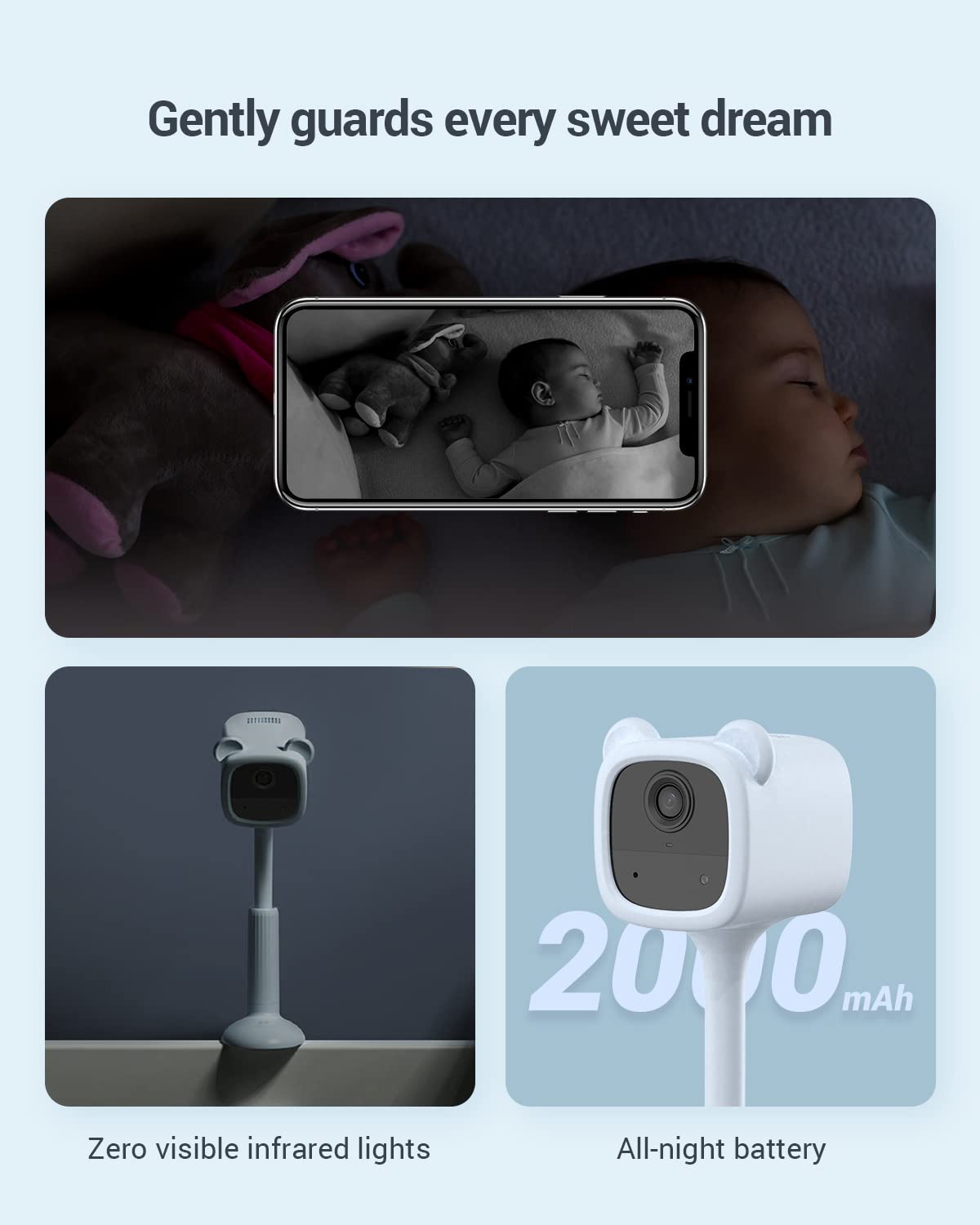 EZVIZ BM1 Bear Wireless Baby Monitor with Crying Detection & Auto-Play Soothing Music - Indoor Security Camera with Two-Way Audio, Baby Activity Tracking & Data Privacy Protection - Perfect for Nursery, Bedroom & Home Security Monitoring