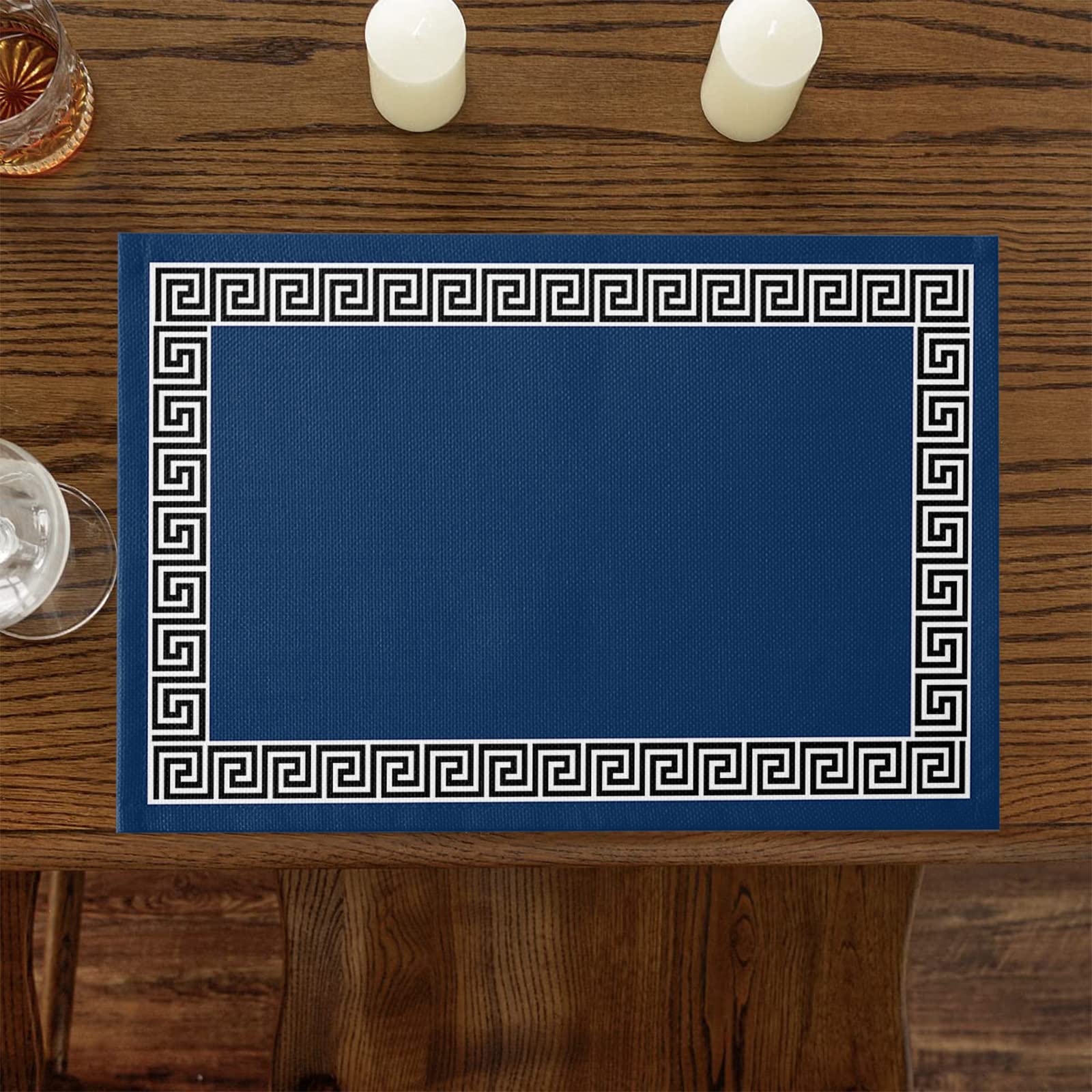 Geometric Greek Key Design Placemats - Set of 6 Navy Blue Washable Table Mats for Dining Room, Kitchen, and Dinner Table Decorations