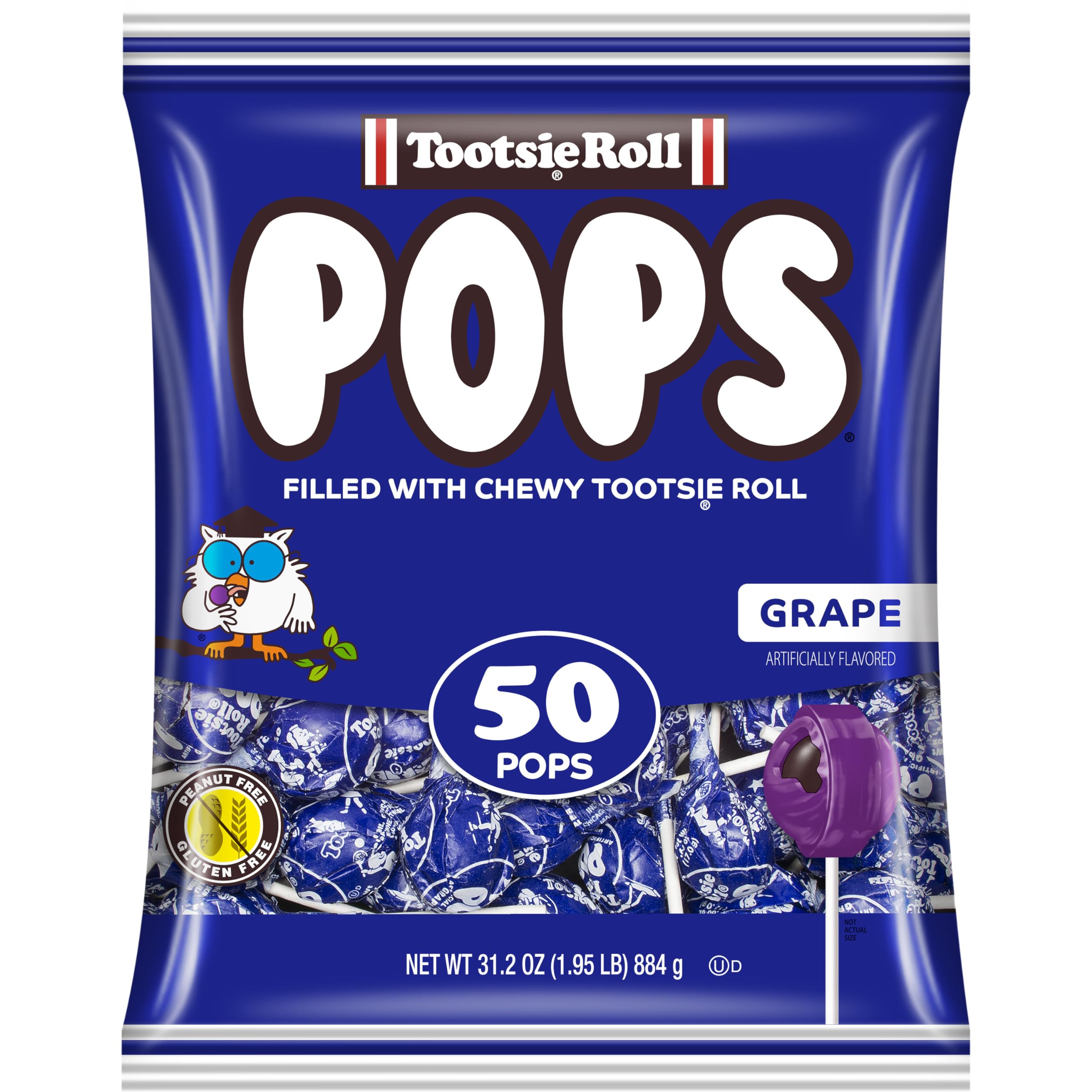Grape Tootsie Pops - Individually Wrapped Hard Candy with Chocolate Center (50 Count) | Peanut Free, Gluten Free Blue Lollipops | Perfect for Halloween Treats, Party Favors & Office Snacks