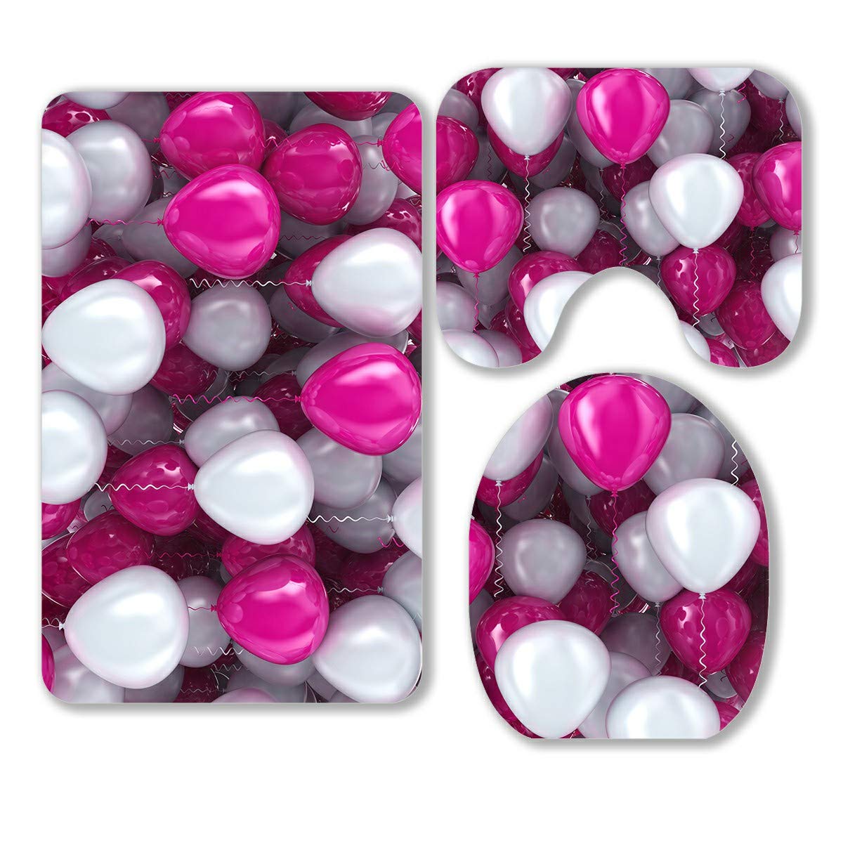 3-Piece Pink and White Balloon Print Bathroom Rug Set - Non-Slip Contour Mat & Toilet Lid Cover - Soft Absorbent Microfiber for Bath, Powder Room & Guest Bath Decor